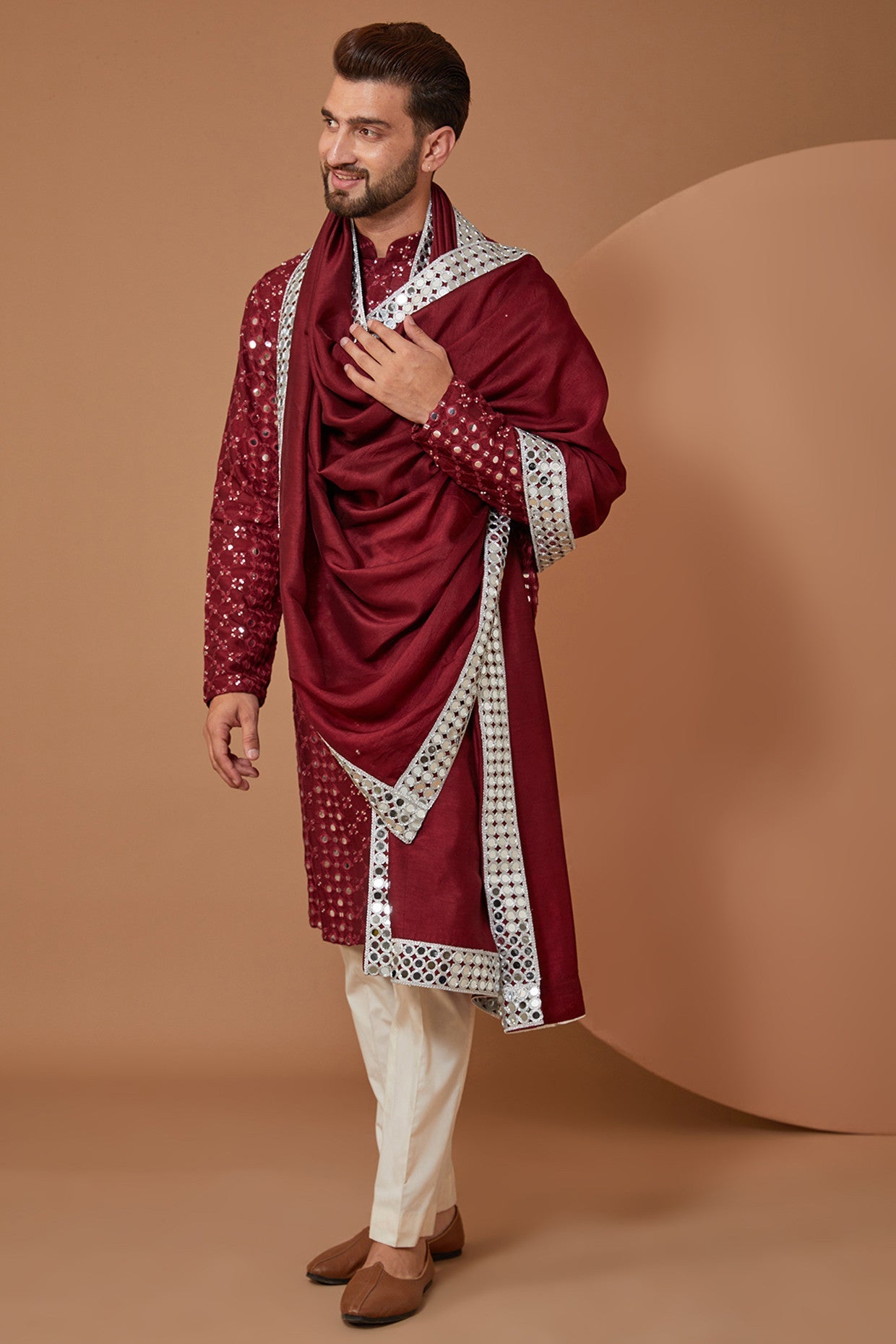 Elegant Mud Wine Mirror Work Kurta with Stole - Traditional Indian Embroidered Tunic for Women - Perfect for Festivals, Weddings & Special Occasions