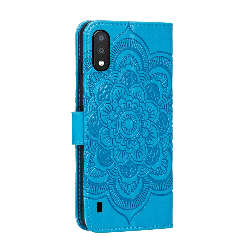 Premium PU Leather Mandala Embossed Flip Wallet Case for Samsung Galaxy A01 - Shockproof Protective Cover with Card Holder & Kickstand (Mandala Blue) - Perfect for Daily Use, Travel, and Business Meetings