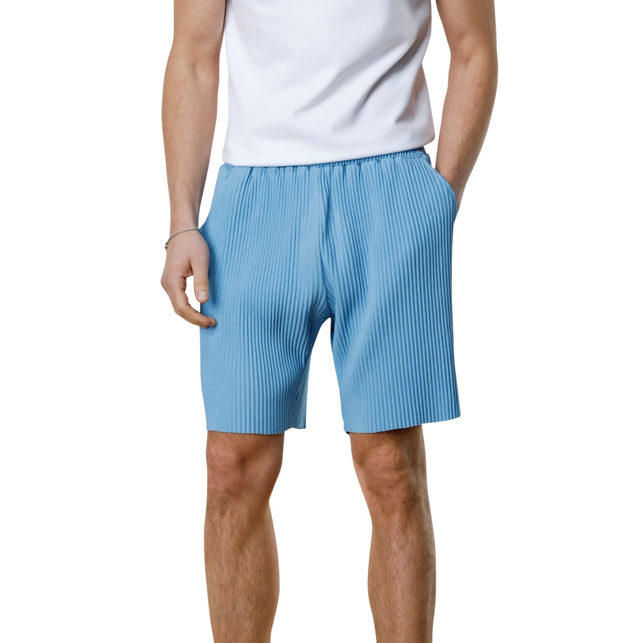 Belier Pleated Light Blue Shorts for Women - Stylish Summer Casual Wear for Outings & Beach Vacations