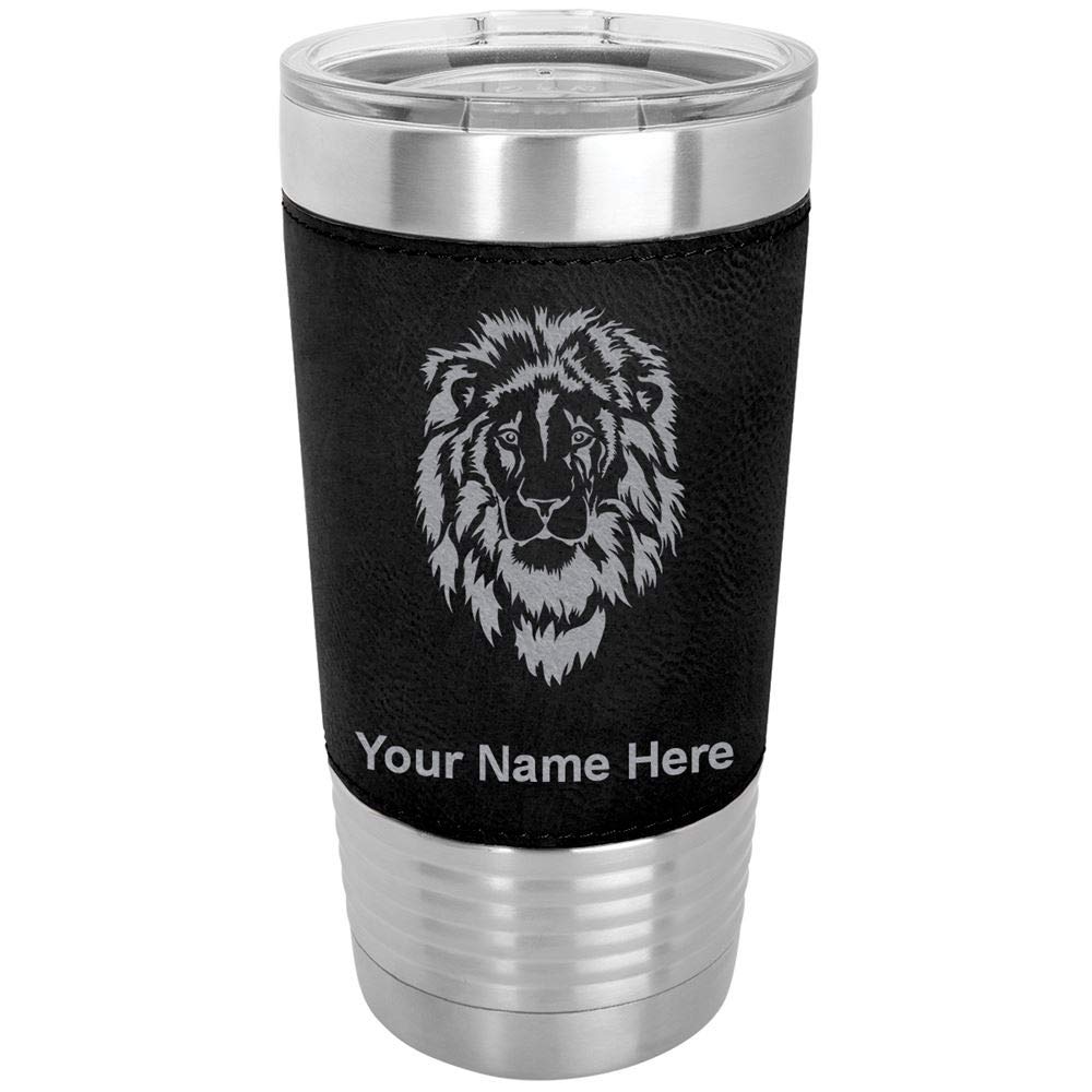 LaserGram 20oz Vacuum Insulated Stainless Steel Tumbler Mug with Leak-Proof Lid - Personalized Engraved Lion Head Design, Faux Leather Wrap (Black) - Perfect for Coffee, Tea & Cold Drinks at Home, Office or Travel