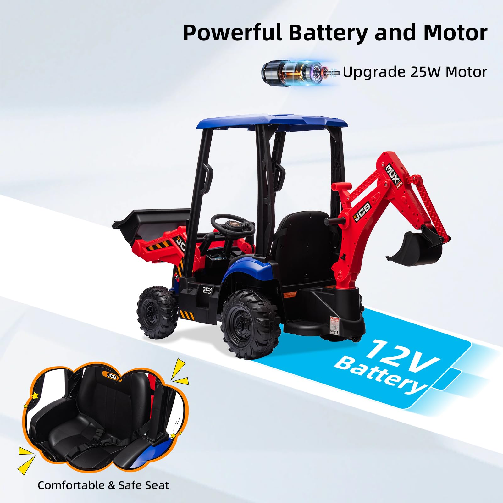 12V JCB Ride On Excavator Toy with Remote Control - Electric Construction Vehicle for Kids Ages 3-8 - Includes Tractor, Bulldozer & Digging Arm - Adjustable Speeds with Slow Start/Stop Safety Feature (Dark Red) - Perfect for Outdoor Play, Birthday Gifts & Construction-Themed Pretend Play