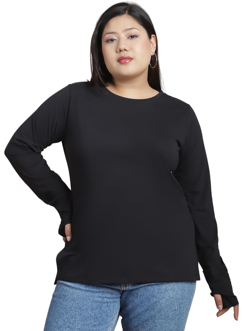 Rigo Women's Plus Size Thumbhole T-Shirt - Slim Fit Round Neck Tee with Side Slits | Western Style Gym & Workout Top | Perfect for Yoga, Running & Casual Wear
