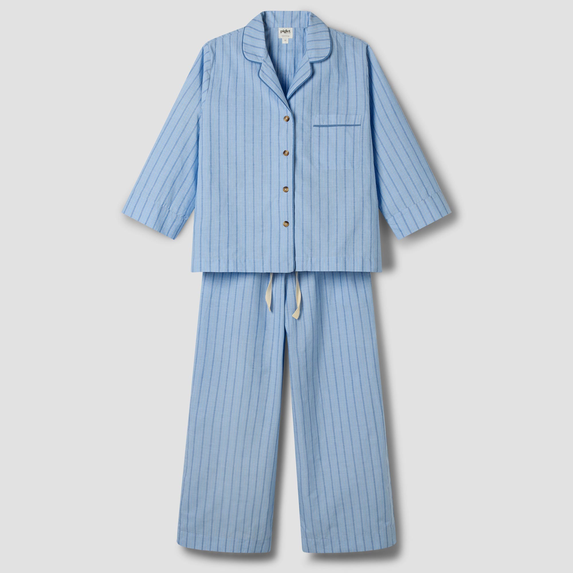 Soft Pale Blue Striped Cotton Pajama Set for Women - Cozy Sleepwear for Relaxing at Home & Lounging
