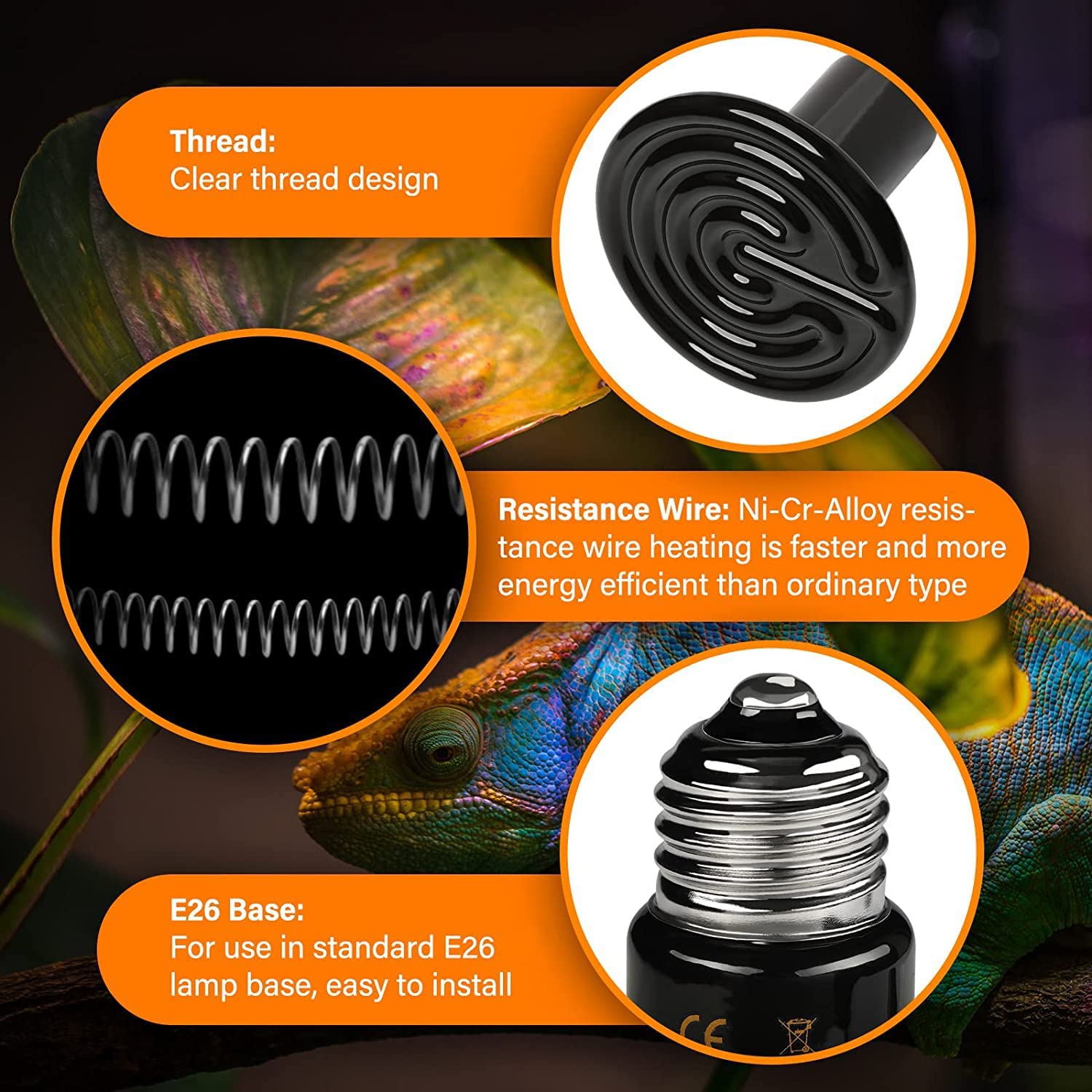 HealSmart 100W Ceramic Heat Emitter Bulb - No Light Reptile Heating Lamp for Bearded Dragons, Snakes, Turtles & Terrariums - Ideal for Amphibian Pets, Chicken Coops & Reptile Brooders - Black