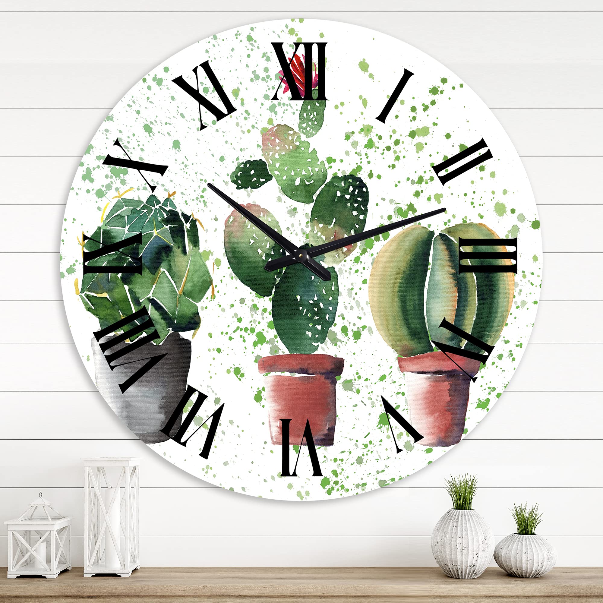 Large Traditional Wall Clock with Three Cacti in Clay Pots - Floral & Botanical Decor for Living Room, Bedroom, Office | Perfect for Home, Farmhouse, and Vintage Style Interior Design