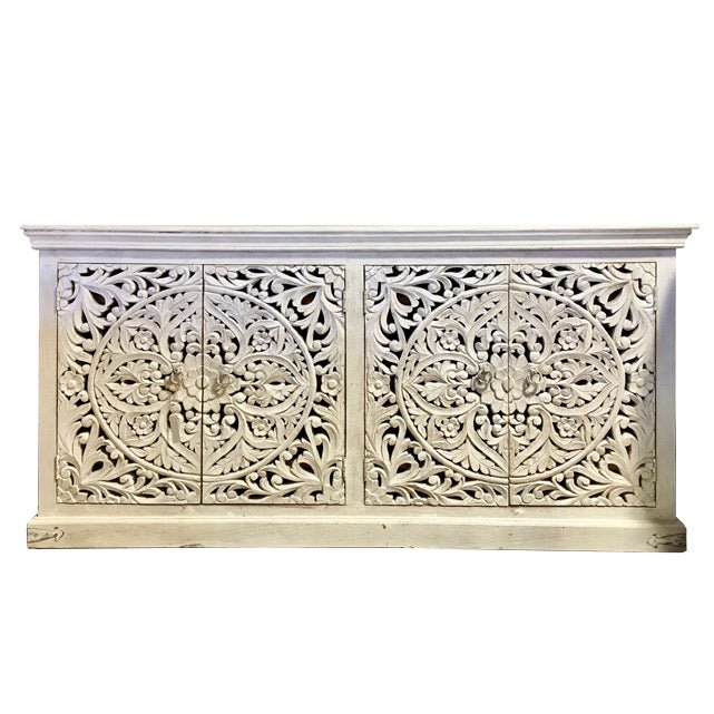 Hand Carved Wooden Chakra Pattern Sideboard with 4 Doors - Boho Chic Storage Cabinet for Living Room, Bedroom & Meditation Space