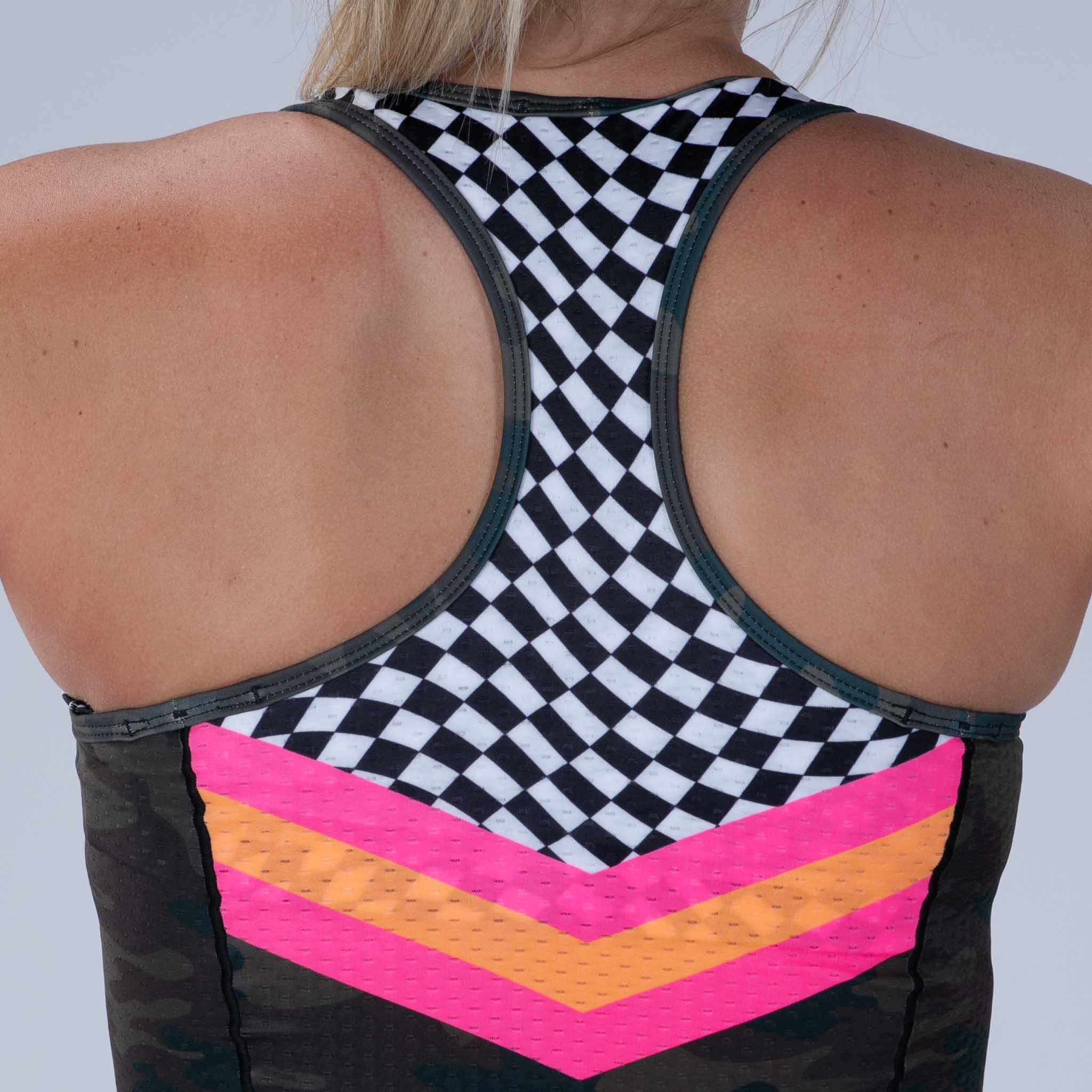 Women's Limited Edition Tri Racerback Sports Bra - Cali Camo Print - High Performance Workout Top for Yoga, Running & Gym