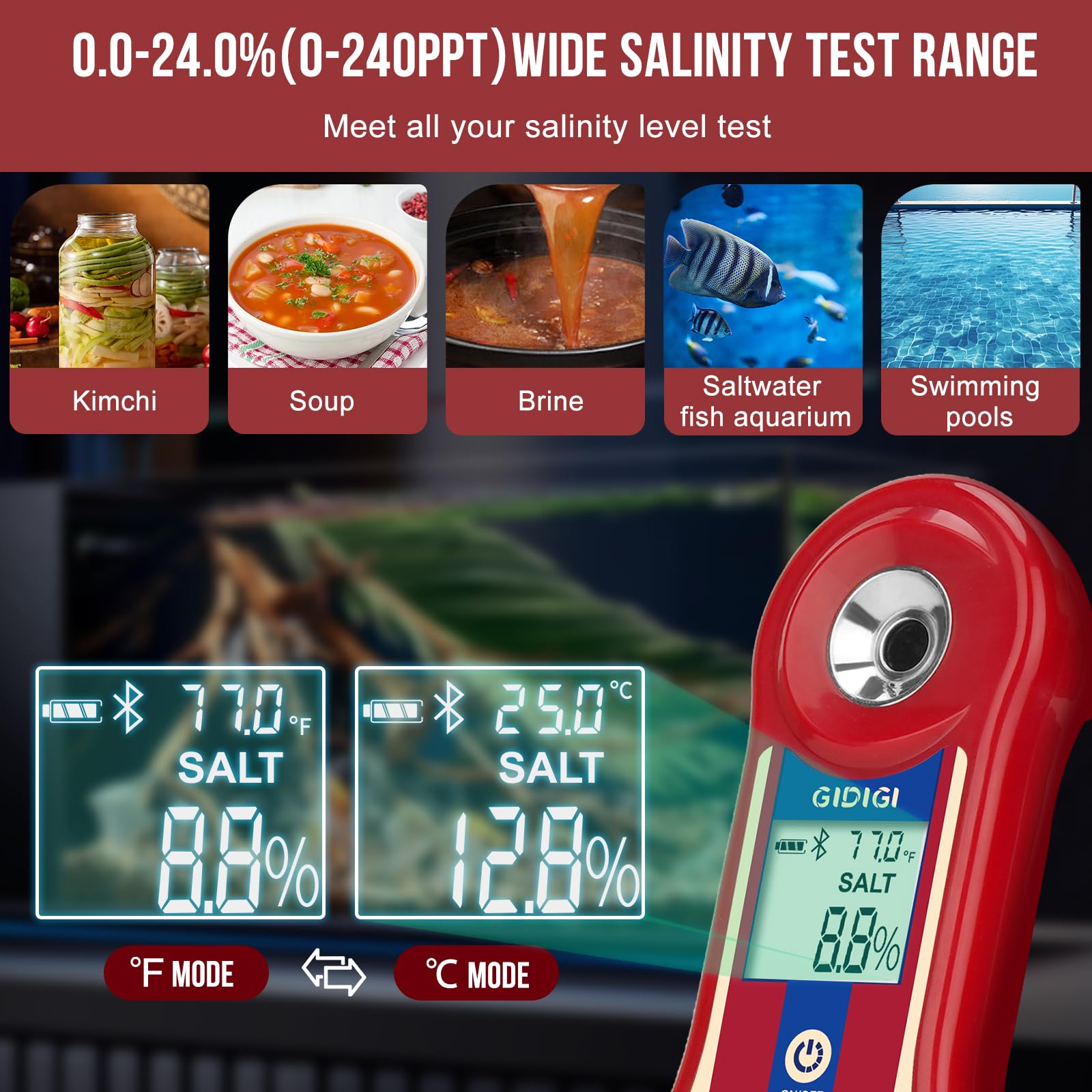 Digital Brix Refractometer & Salinity Tester - 0.0-60% Brix & 0.0-24% Saltwater ATC Meter for Wine, Beer, Juice, Coffee, Fruits - Portable Sugar Content Analyzer for Home Brewing, Aquariums, Food Processing & Agriculture