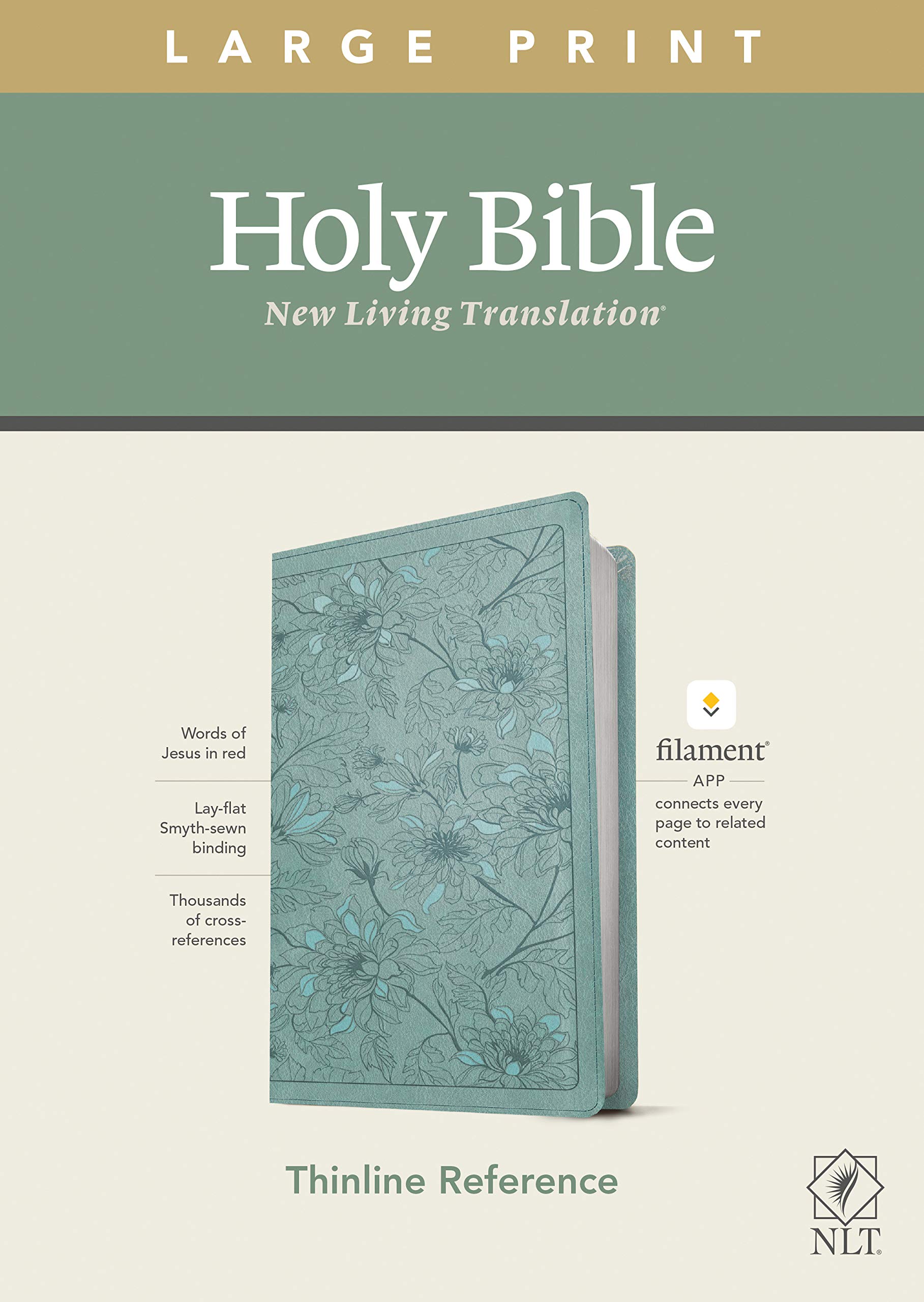 NLT Large Print Thinline Bible - LeatherLike Floral Teal | Free Filament App Access for Devotionals & Worship Music | Perfect for Church & Bible Study