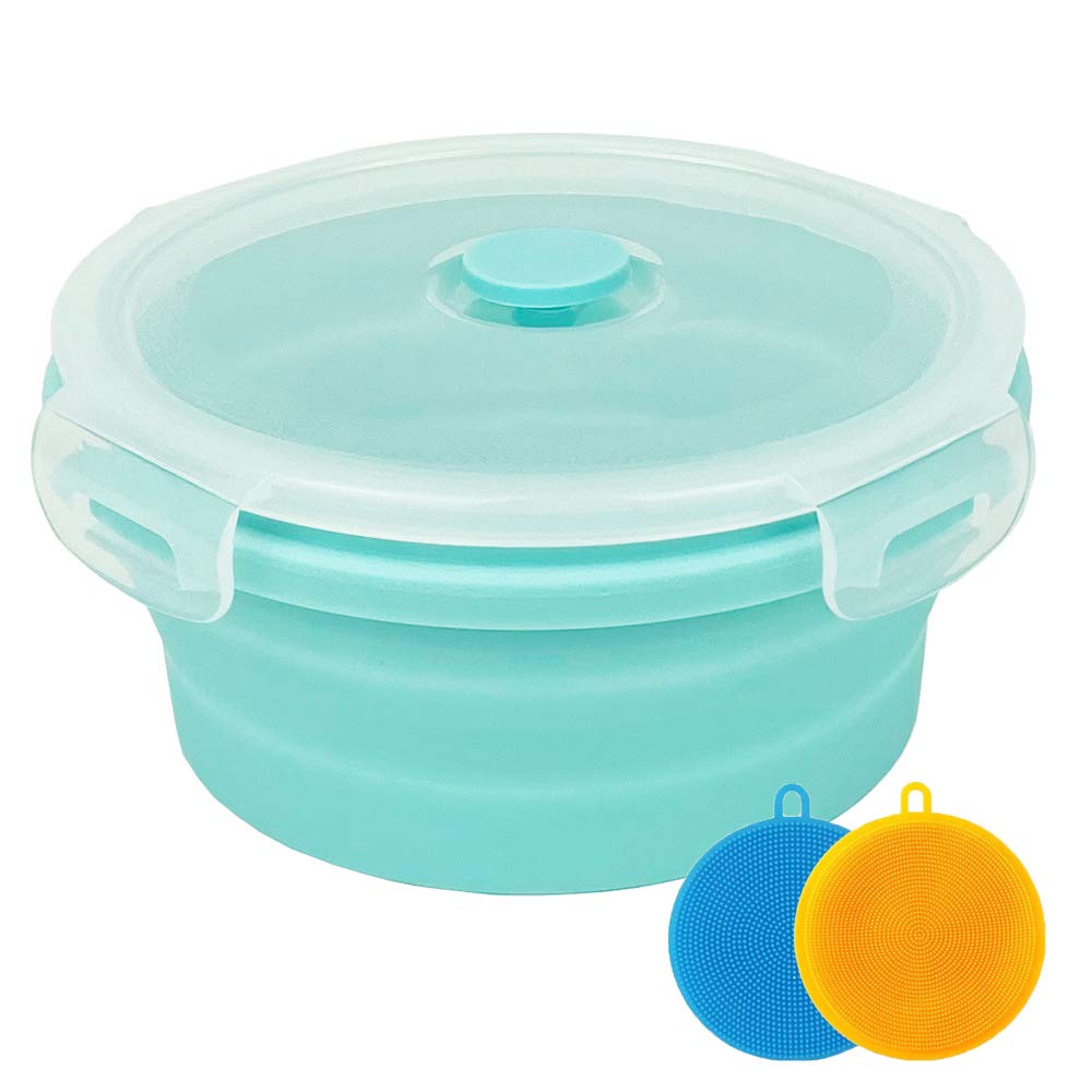 Collapsible Silicone Food Storage Bowl with Airtight Lid - 2 Pack Portable Camping Bowls for Travel, Hiking & Outdoor Adventures - Includes 2 Silicone Dish Sponges - 1200ml Blue - Perfect for Meal Prep, Picnics & Backpacking