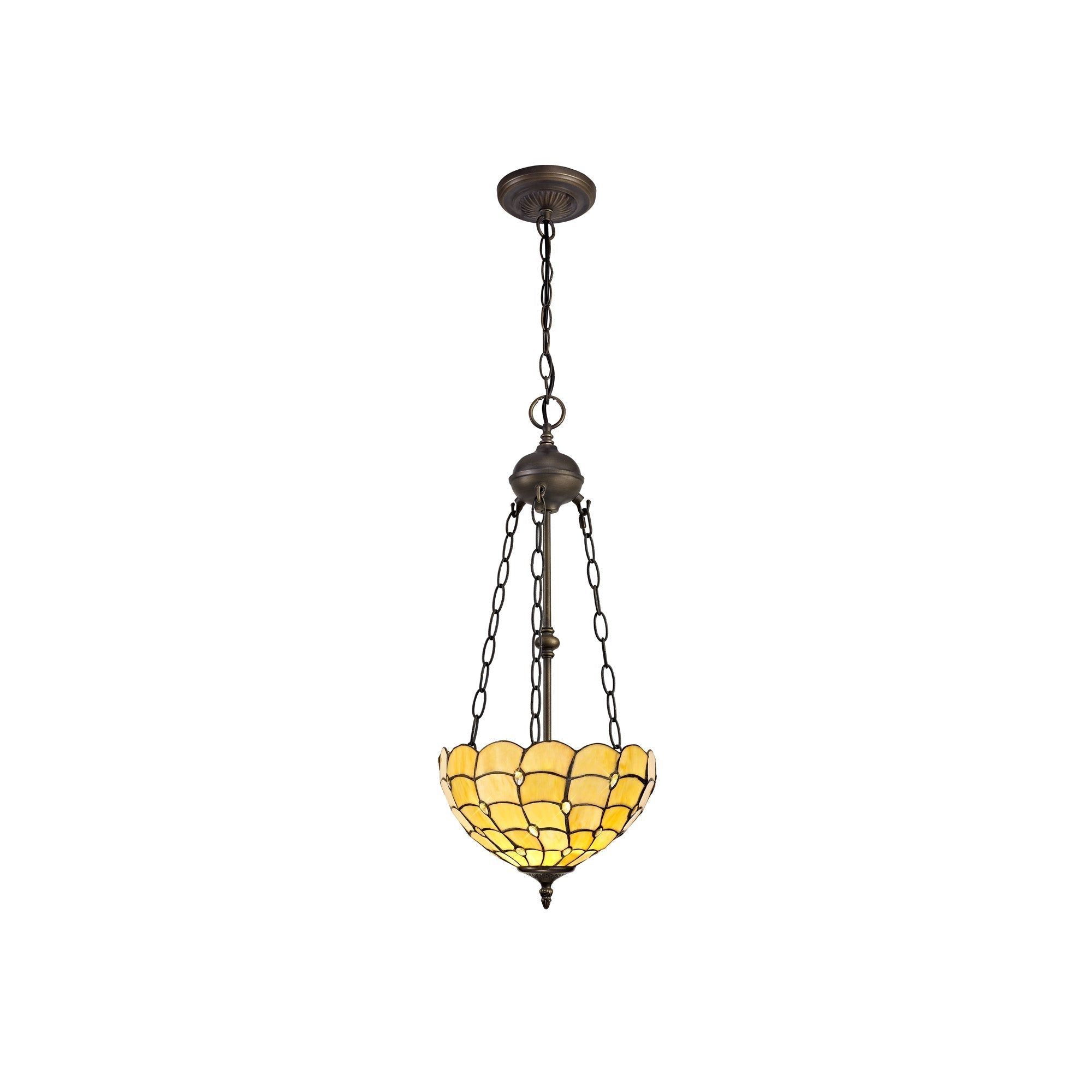 Aero 2 Light Uplighter Pendant with 30cm Tiffany Shade - E27 Socket, Beige/Clear Crystal/Aged Antique Brass Finish - Perfect for Dining Room, Bedroom, or Living Room Lighting