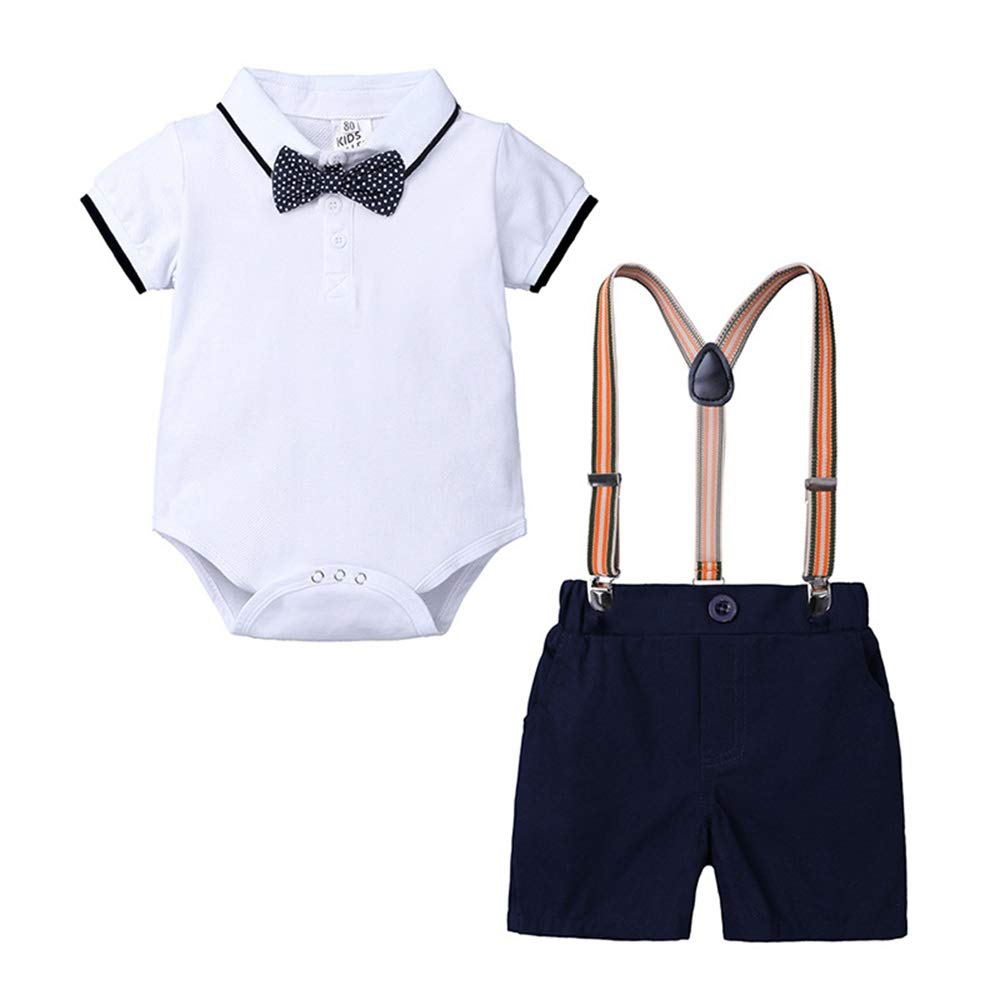 Baby Boys Gentleman Outfits - Short Sleeve Rompers with Suspenders & Bow Tie for Parties