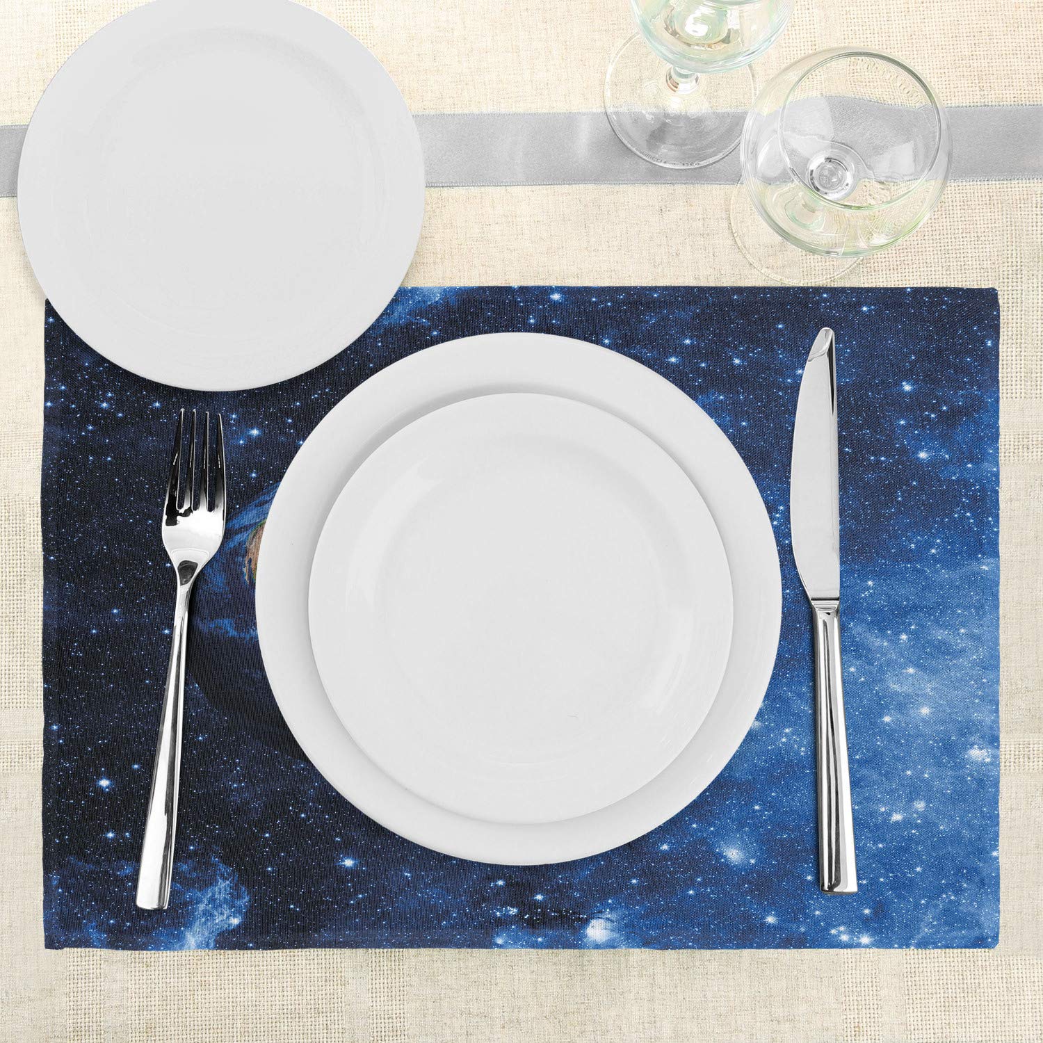 Ambesonne Space-Themed Place Mats Set of 4 - Solar System Planet Earth Design with Stars, Washable Fabric Table Mats for Dining Room & Kitchen Decor (Blue Green) | Perfect for Sci-Fi Lovers, Astronomy Enthusiasts & Space-Themed Parties