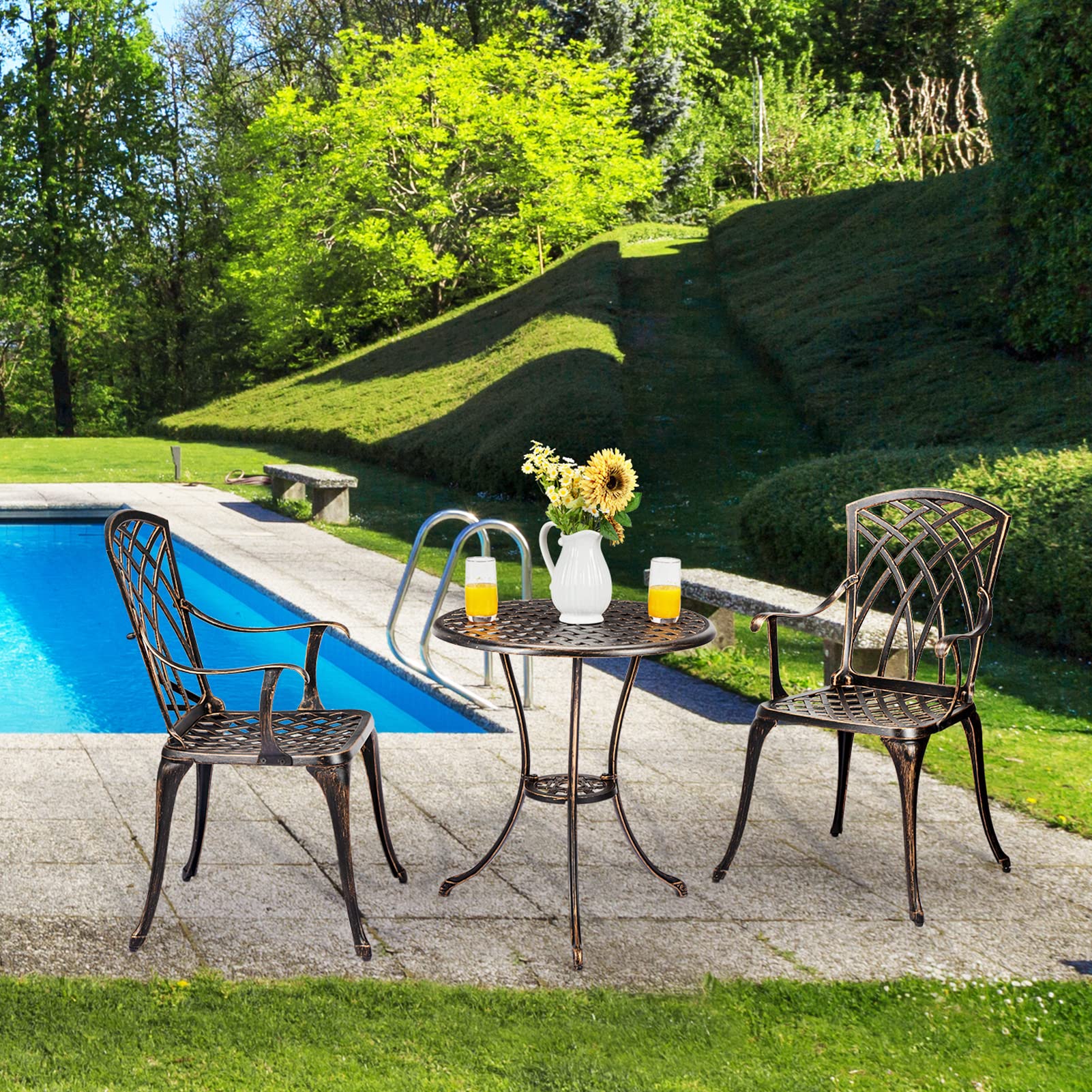 IDEALHOUSE 3-Piece Cast Aluminum Patio Bistro Set with Umbrella Hole - Rust-Resistant Outdoor Dining Table and Chairs for Garden, Backyard, Balcony - Indoor/Outdoor Use - Perfect for Morning Coffee, Outdoor Dining and Relaxing in Your Patio