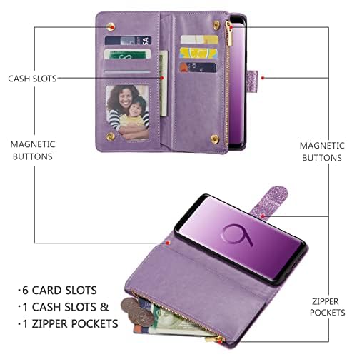 Premium PU Leather Wallet Case for Samsung Galaxy S9 Plus - Magnetic Closure, Zipper Pocket, Kickstand & Card Slots with Hand Strap | Elegant Flip Phone Case for Women | Perfect for Work, Travel & Everyday Use