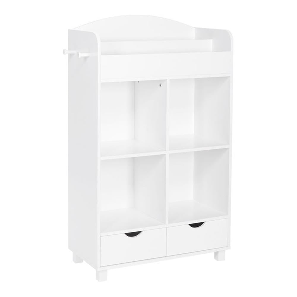 RiverRidge Kids Bookshelf with 4 Cubbies, 2 Drawers & Hooks - Toy Storage Cabinet, Book Nook Organizer for Children's Room - Perfect for Storing Toys, Games, Books & Folding Cubby Bins - Ideal for Playrooms, Bedrooms & Daycare Centers