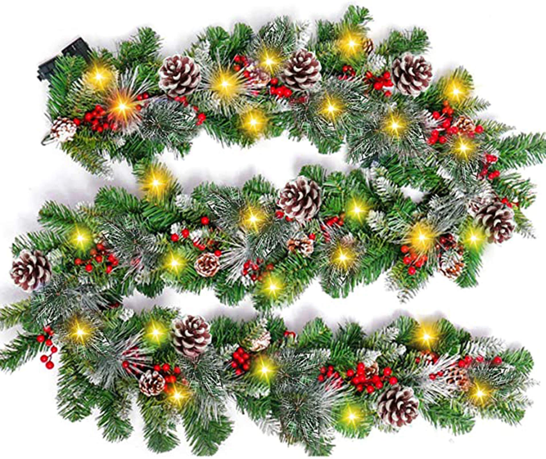 9 Foot Prelit Christmas Garland with 50 Warm White LED Lights - Battery Operated Frosted Xmas Garland with 90 Red Berries & 18 Pine Cones - Snowy Bristle Pine Artificial Garland for Indoor Home Decor, Fireplace, Mantel, and Holiday Decorations
