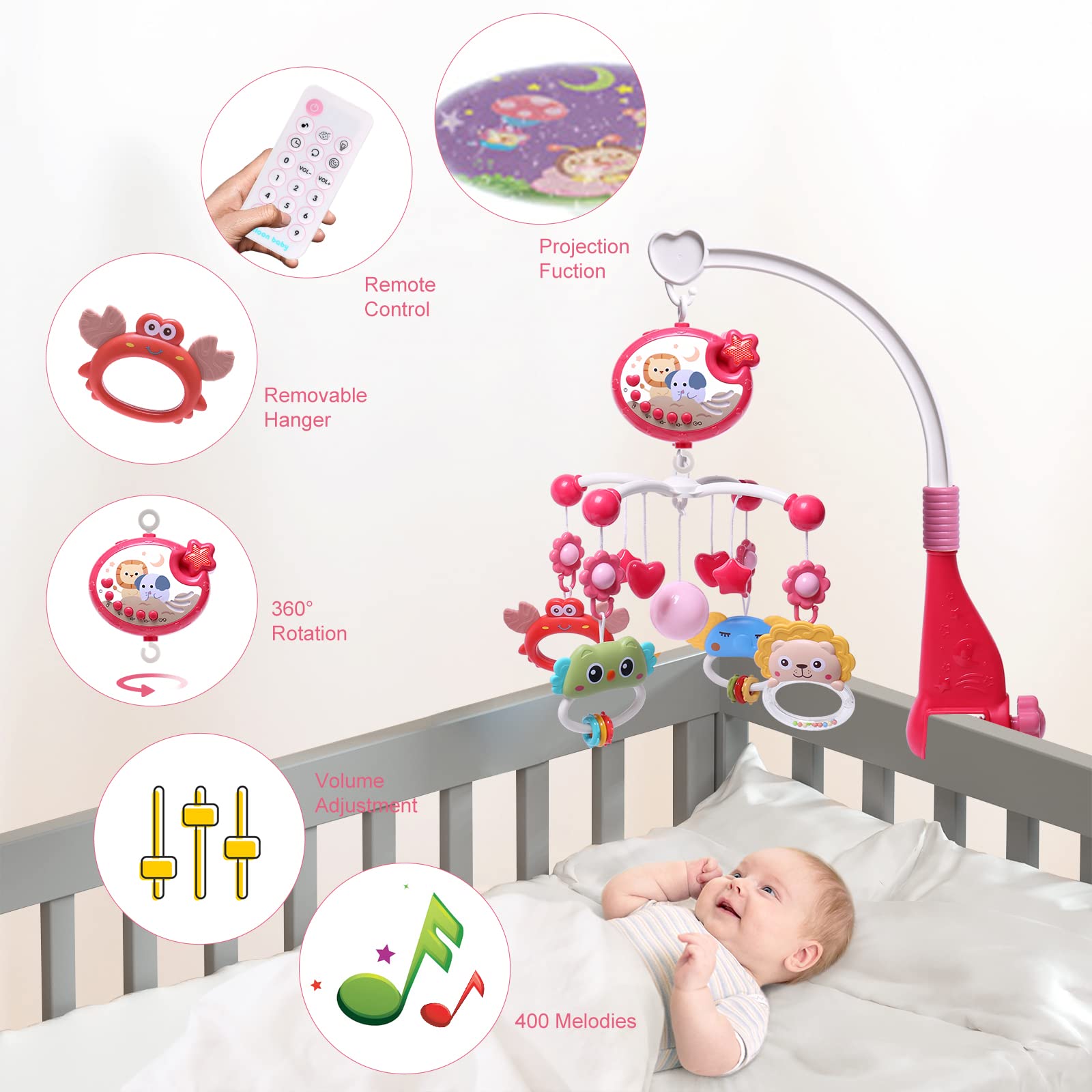 Baby Crib Mobile with Music, Lights & Hanging Toys - Portable Musical Carousel for Pack 'n Play, Bassinet - Gender Neutral Nursery Decor (Red) | Perfect for Soothing Newborns & Bedtime Routines