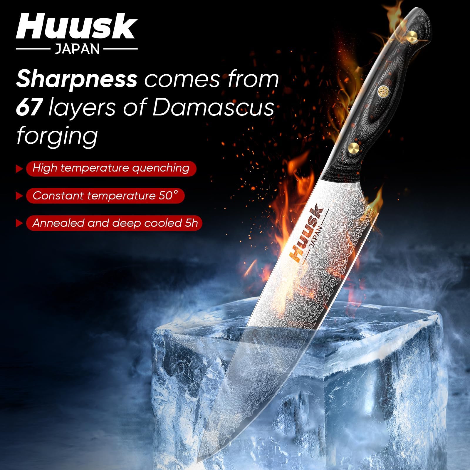 Premium Huusk Damascus Chef Knife Set 3-Piece - VG10 Santoku Knife, Utility Knife & Paring Knife with Ebony Handle - Professional Japanese Steel Kitchen Knives for Meat, Vegetables, Fruits - Perfect Gift for Dad, Mom & Home Chefs - Ideal for Cooking, Slicing, Dicing & Food Prep