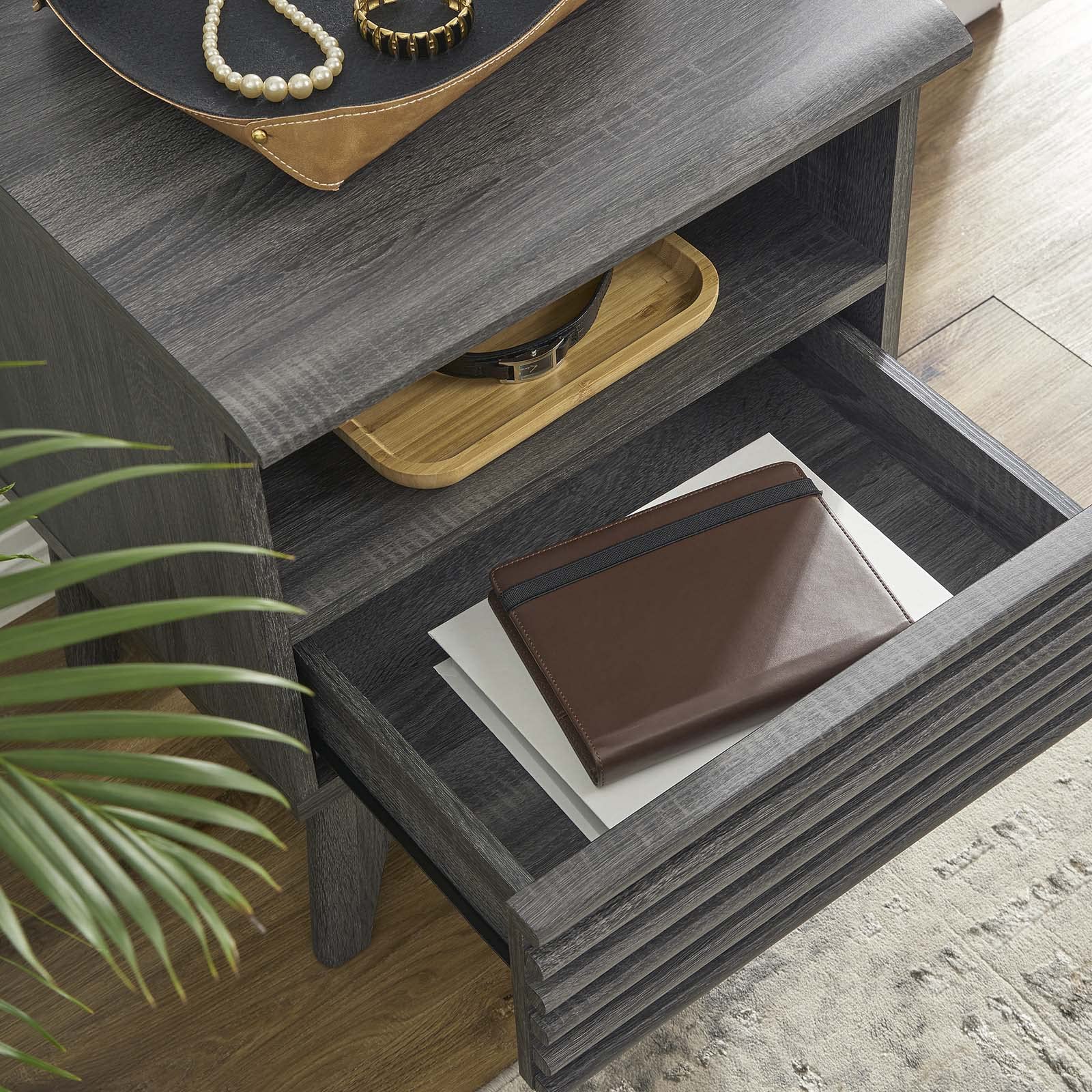 Mid-Century Modern Nightstand with Single Drawer - Charcoal Finish | Stylish Bedside Table for Bedroom, Living Room & Office