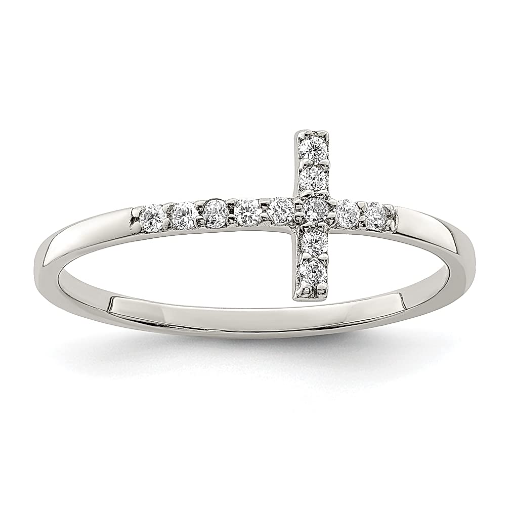 925 Sterling Silver Cubic Zirconia Sideways Cross Ring for Women - Religious Jewelry Gift for Her - Perfect for Church, Weddings & Special Occasions