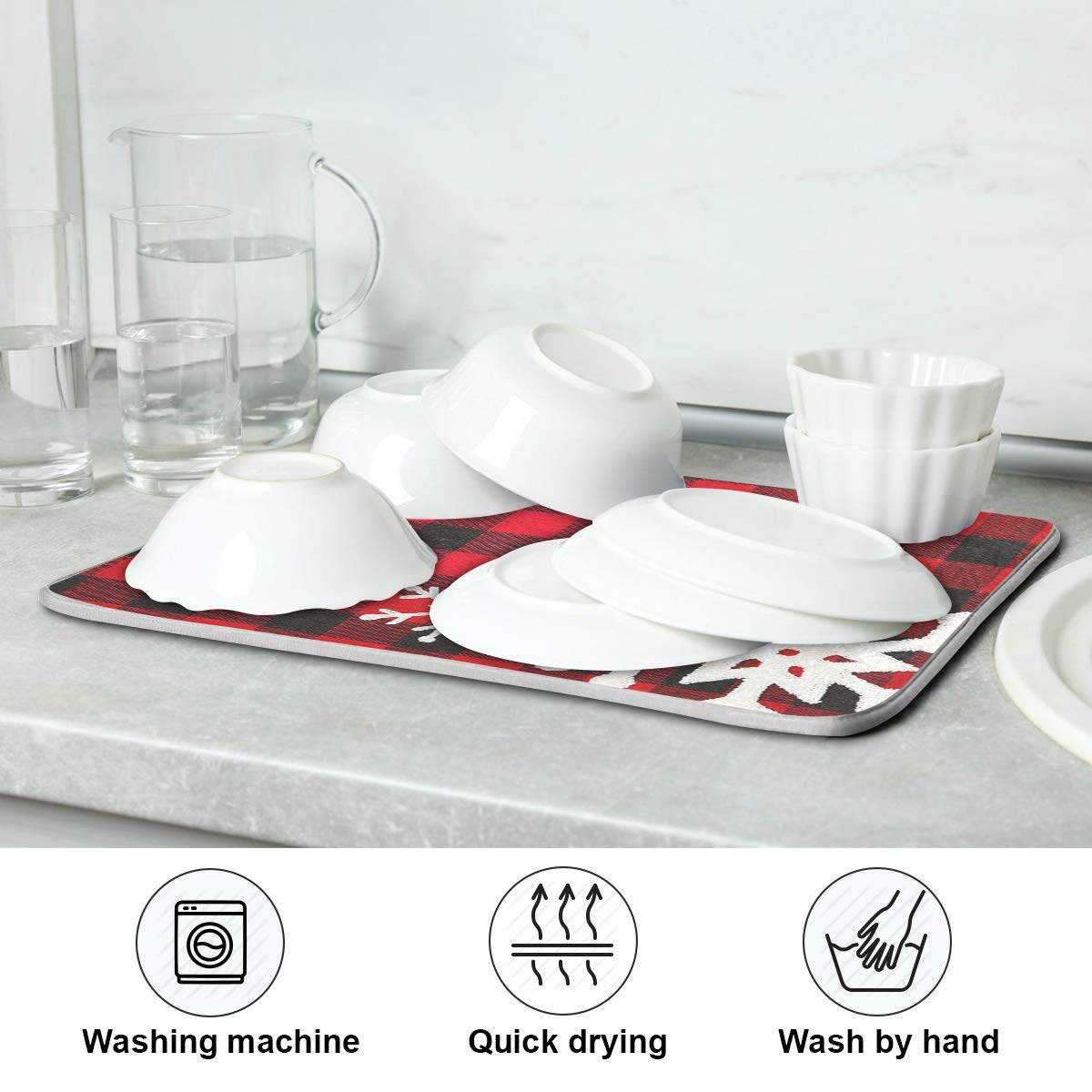Christmas Plaid Dish Drying Mat 18x24 Inch - Red Black Snowflake Design for Kitchen Countertops & Bottles
