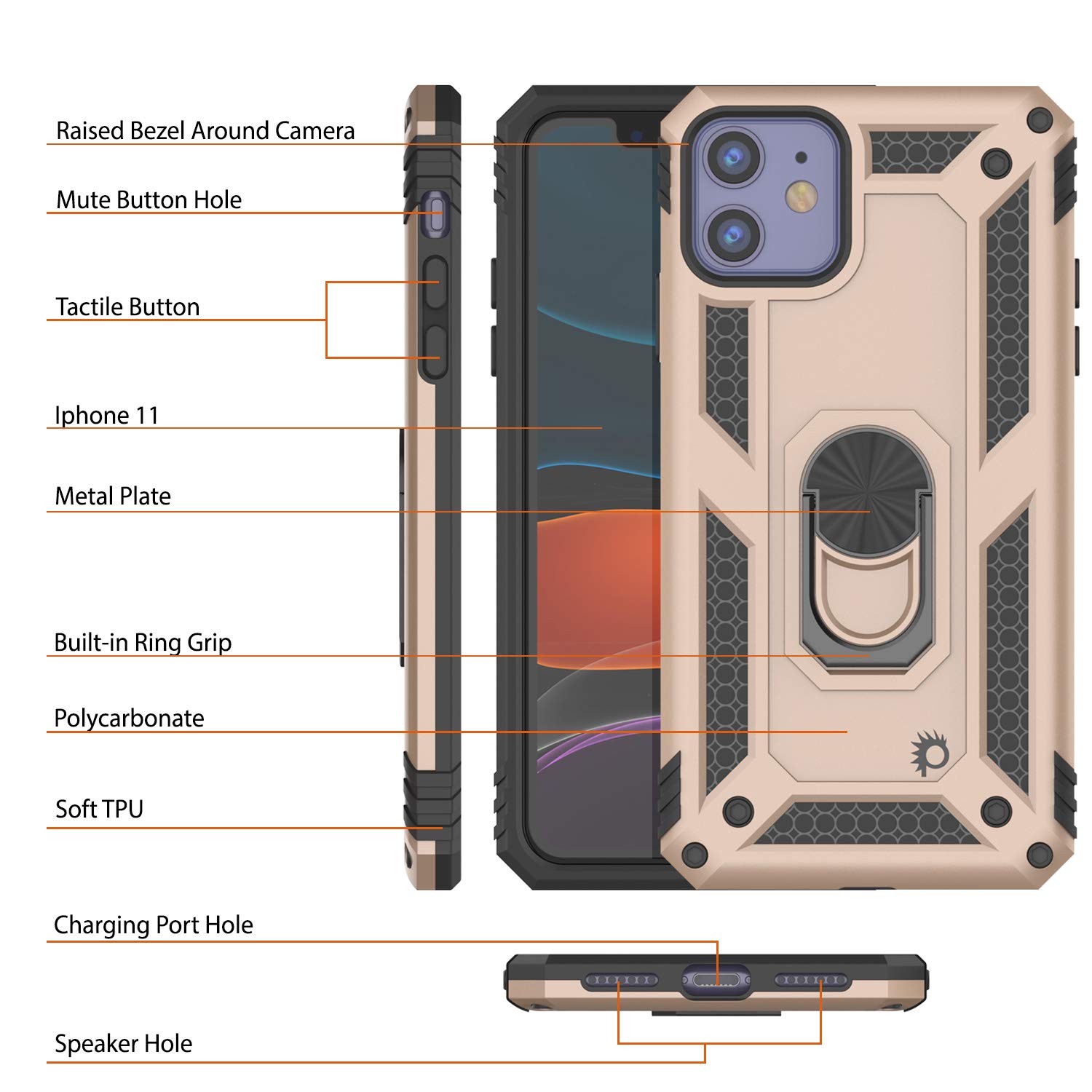 PunkCase for iPhone 11 (6.1 Inch) - Military Grade Protective Case with Metal Ring Grip & Kickstand | Shockproof Dual Layer ArmorShield Series | Full Body Protection | Gold | Perfect for Outdoor Activities, Travel & Daily Use