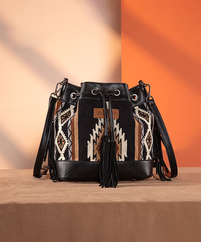 Wrangler Aztec Knitted Bucket Bag Set for Women - Boho Chic Crossbody Purse with Adjustable Strap - Perfect for Travel, Shopping & Everyday Use