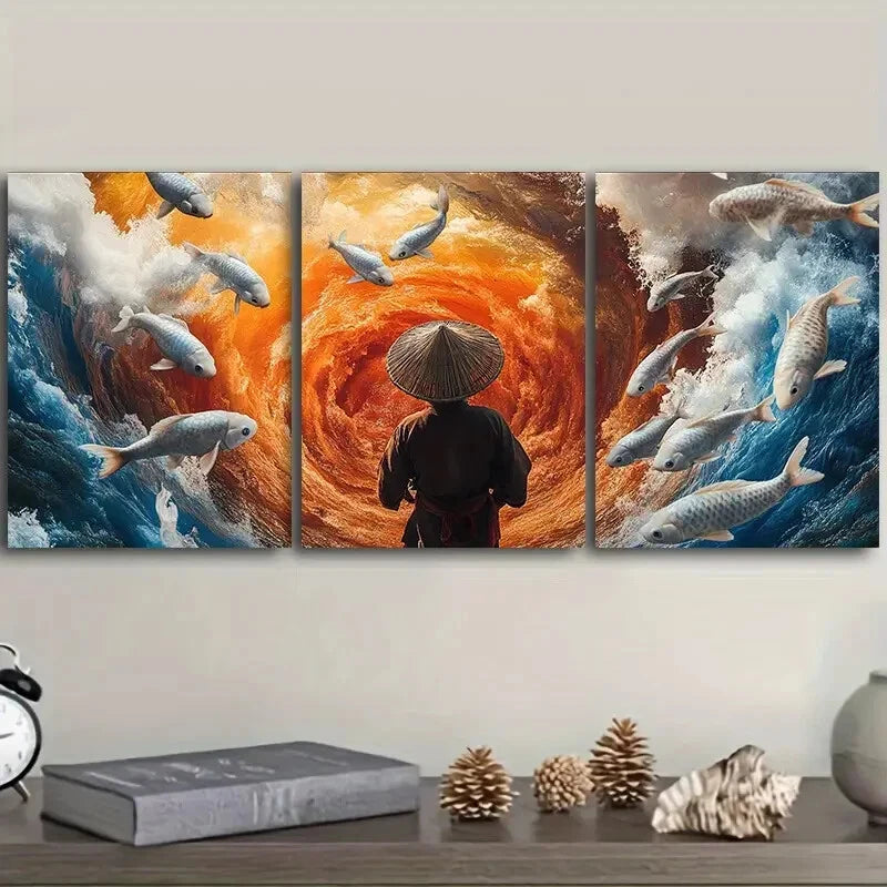 3pcs Fisherman & Koi Fish Wall Art Canvas Set - Framed 40x60cm High Quality Print - 100% Australian Made - Ready to Hang - Perfect for Living Room, Bedroom & Office Decor