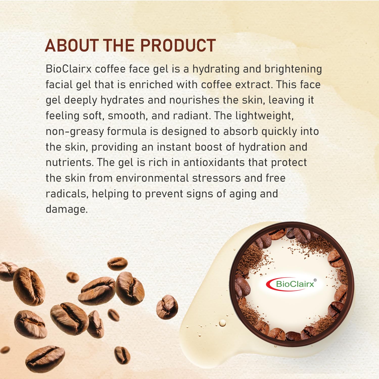BioClairx Hydrating & Brightening Face Gel for All Skin Types - Coffee Scented, Moisturizing & Glow-Boosting Skincare - Perfect for Daily Use, Night Routine & Travel Skincare Essentials
