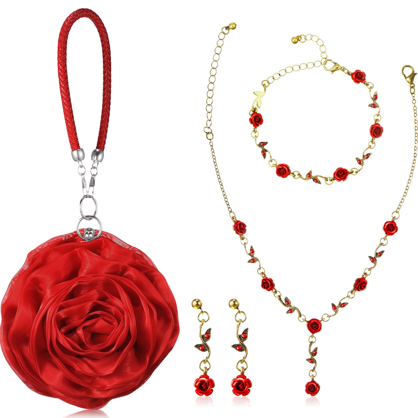 4Pcs Women's Rose Gold Jewelry Set - Red Rose Necklace, Bracelet, Earrings & Clutch for Wedding, Party, Prom | Elegant Floral Accessories Gift for Bridesmaids, Bride, Anniversary