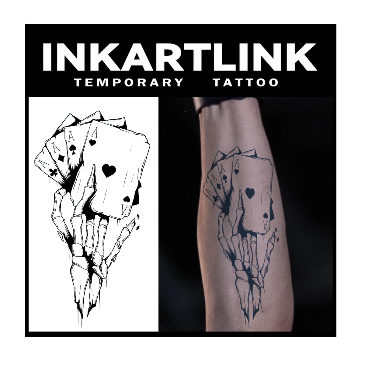Semi Permanent Tattoos for Adults - 2 Large Sheets of Waterproof Temporary Tattoos with Realistic Skeleton Poker Design, Lasts 1-2 Weeks, No Adhesive or Reflection - Perfect for Halloween, Cosplay, Parties and Body Art Enthusiasts