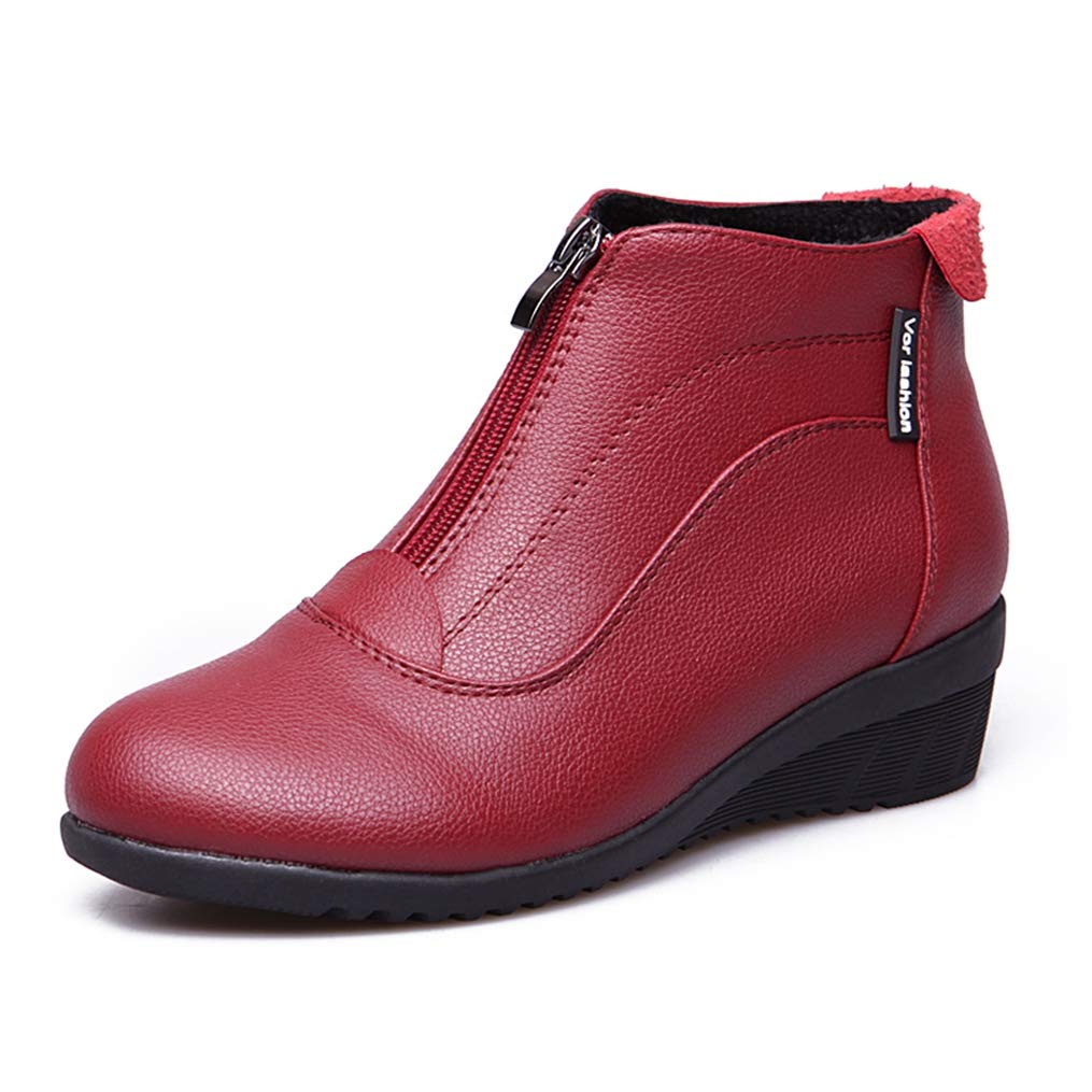 Women's Waterproof Leather Ankle Snow Boots with Front Zipper - Flat Wedge Heel Slip On Winter Boots for Women | Warm & Stylish Cold Weather Shoes for Snow, Ice & Outdoor Activities