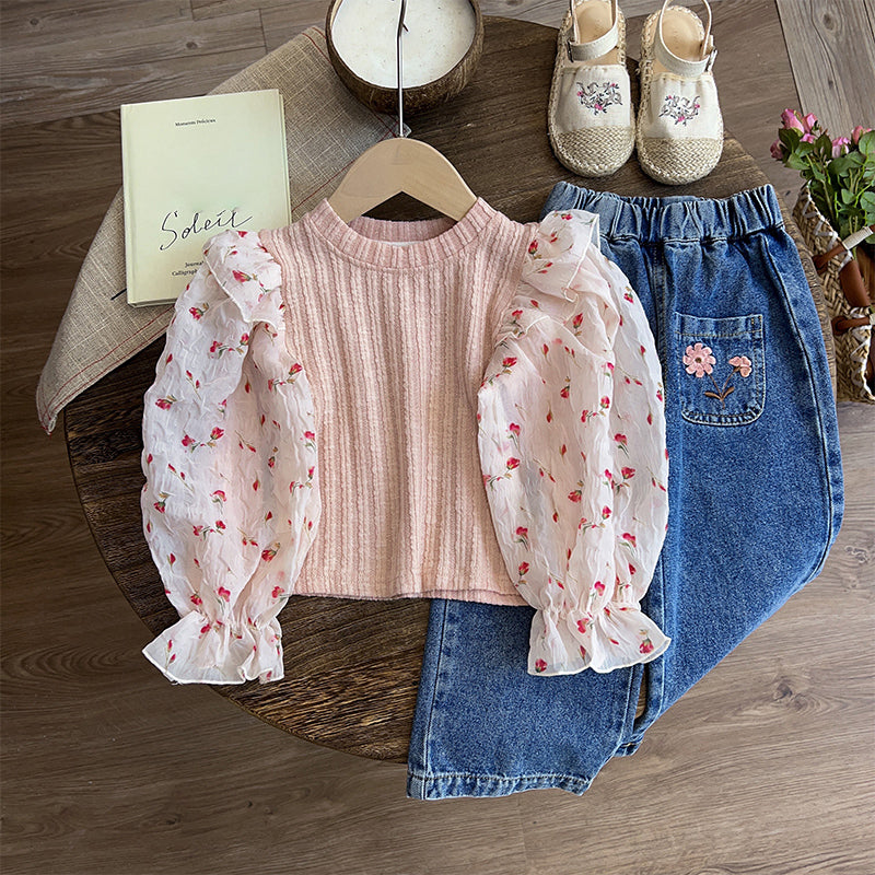 **Floral Print Baby Girl Two-Piece Outfit - Long Sleeve Top & Pants Set for Toddlers | Perfect for Family Photos, Parties & Everyday Wear**