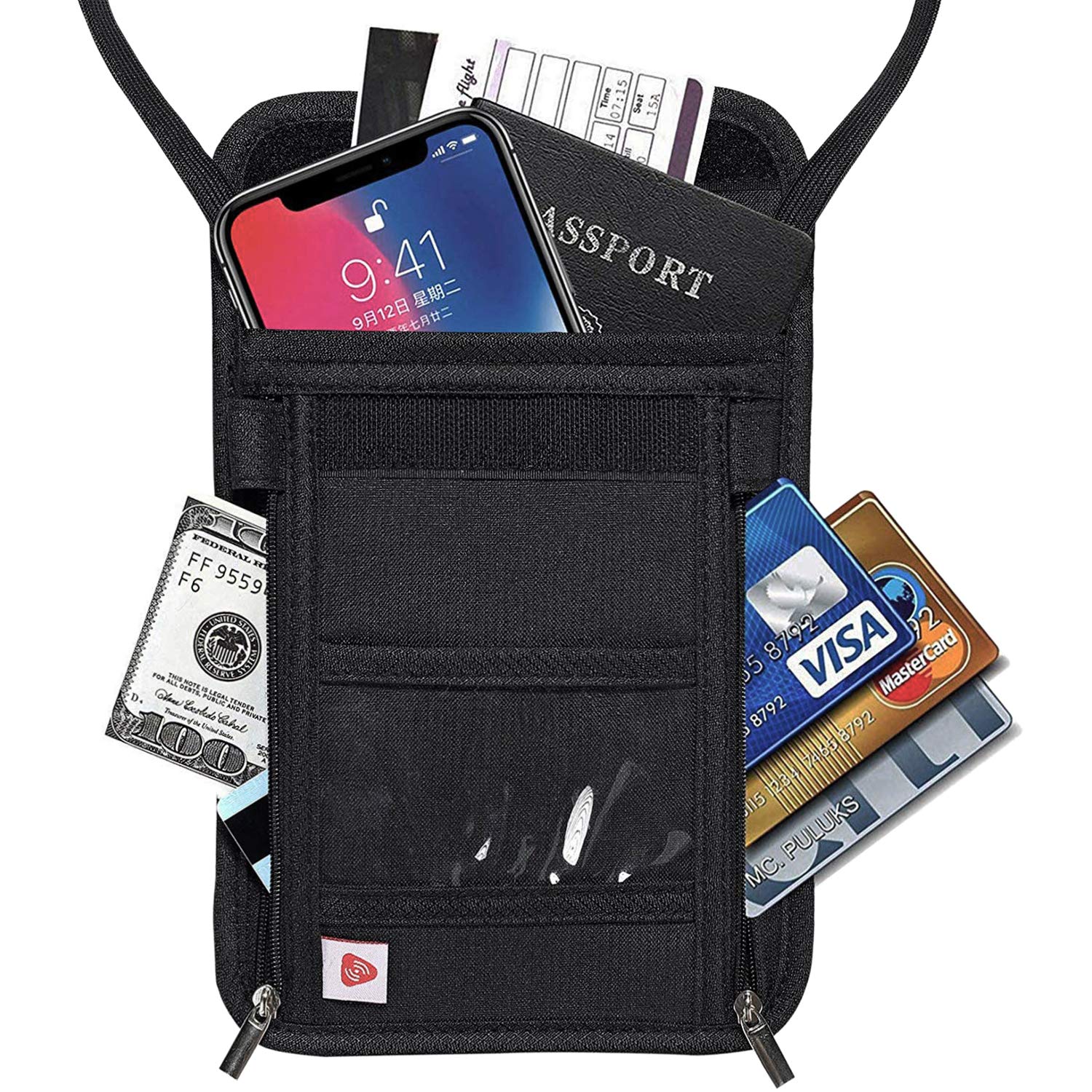 RFID Blocking Travel Neck Wallet for Women & Men - Secure Passport Holder & ID Protector - Anti-Theft Hidden Pouch for Money, Cards & Valuables - Perfect for Airports, Vacations & Daily Commute (Black)