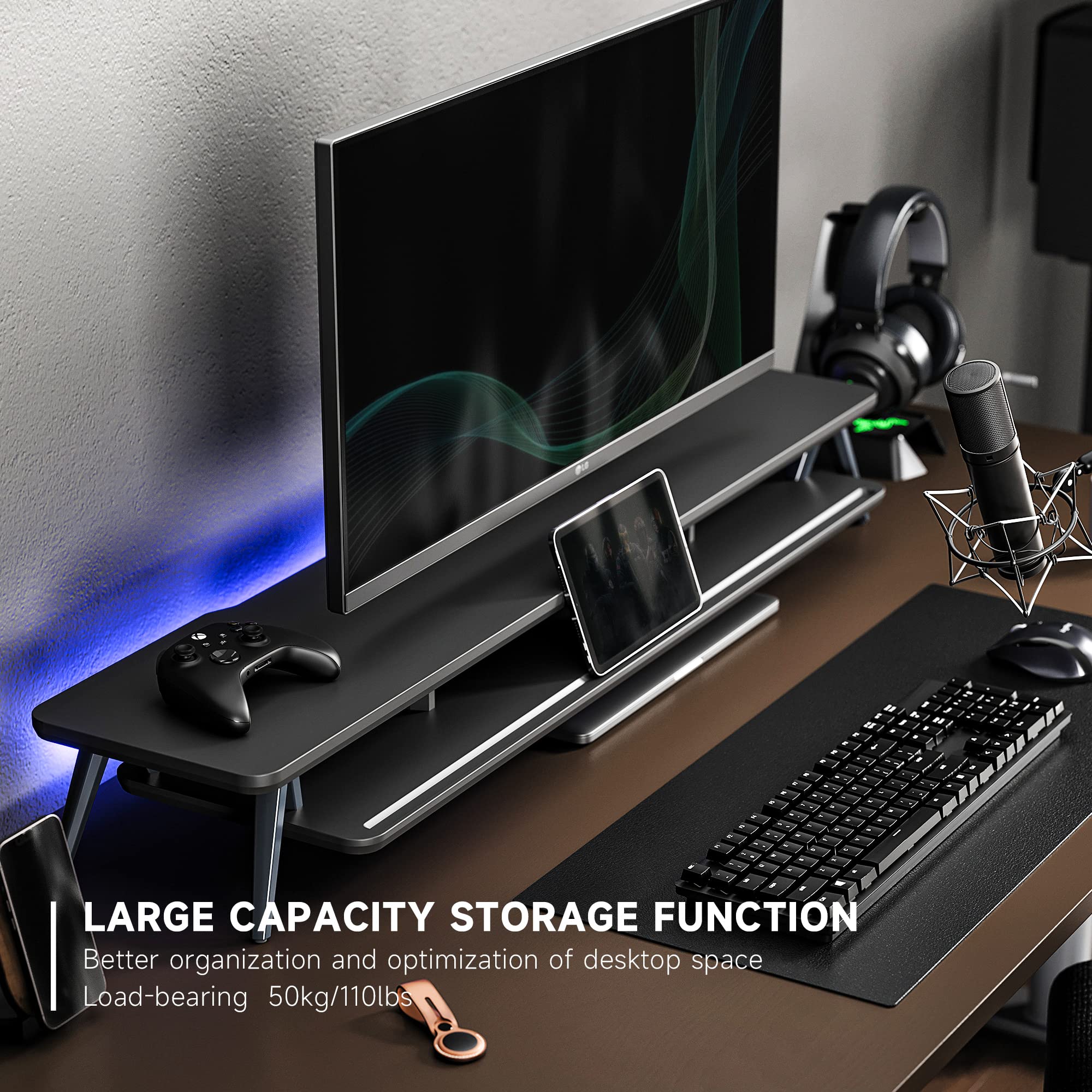 Dual Monitor Stand for 2 Screens - 42.5 Inch Wooden Desk Shelf with Storage Organizer & Cable Management - Perfect for Home Office Setup, Gaming Station, and Workspace Organization
