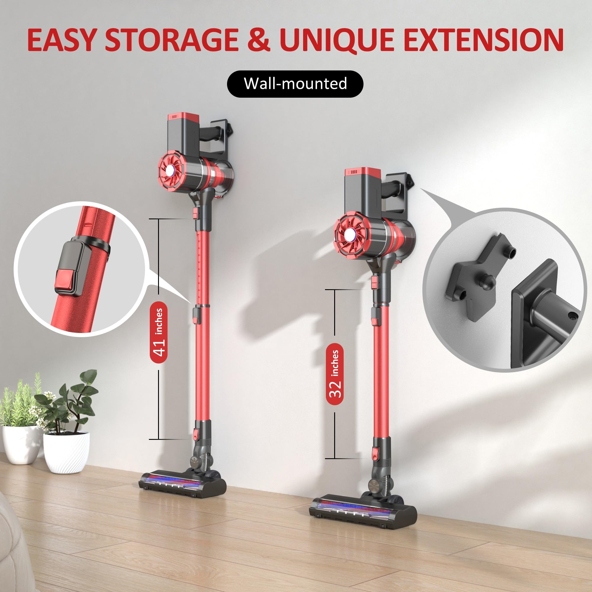 W100 Cordless Vacuum Cleaner - Powerful 6-in-1 Stick Vacuum with 35min Runtime, Detachable Battery & Quiet Operation - Lightweight for Hardwood Floors, Carpets & Pet Hair (Red) - Perfect for Home Cleaning, Quick Pickups & Pet Owners