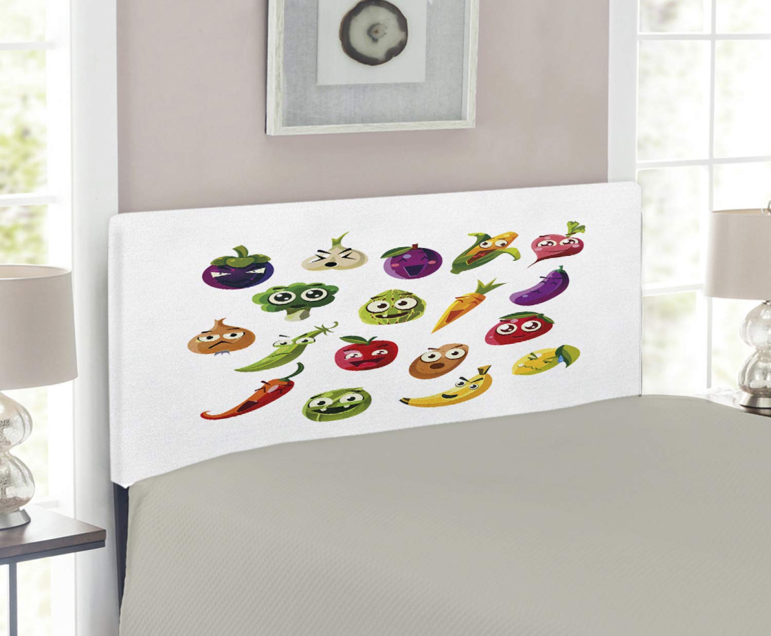 Ambesonne Emoticon Headboard - Fruits & Vegetables Cartoon Design (Carrot, Banana, Pepper, Onion, Garlic) - Upholstered Metal Bed Headboard with Memory Foam - Twin Size Multicolor - Perfect for Kids' Bedrooms & Playful Home Decor