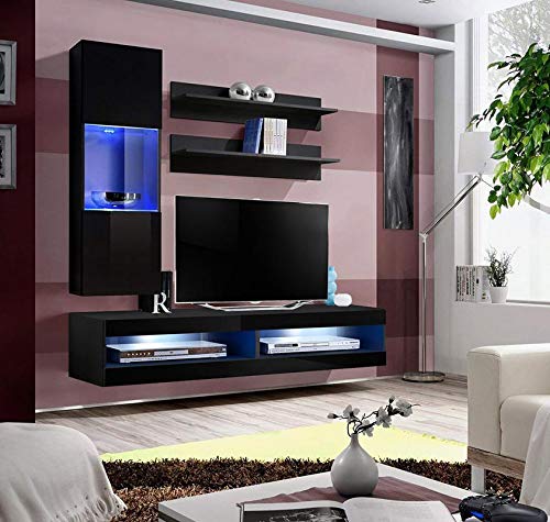 Modern Black Wall-Mounted TV Stand with Storage Shelves & LED Lights - 34