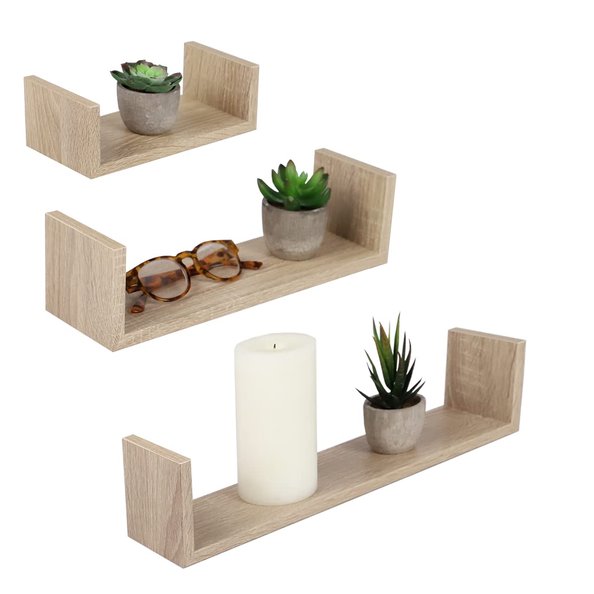 Durable Floating Wood Shelves Set of 3 - Solid Oak Wall Shelves for Living Room, Bedroom, Kitchen Storage & Decor