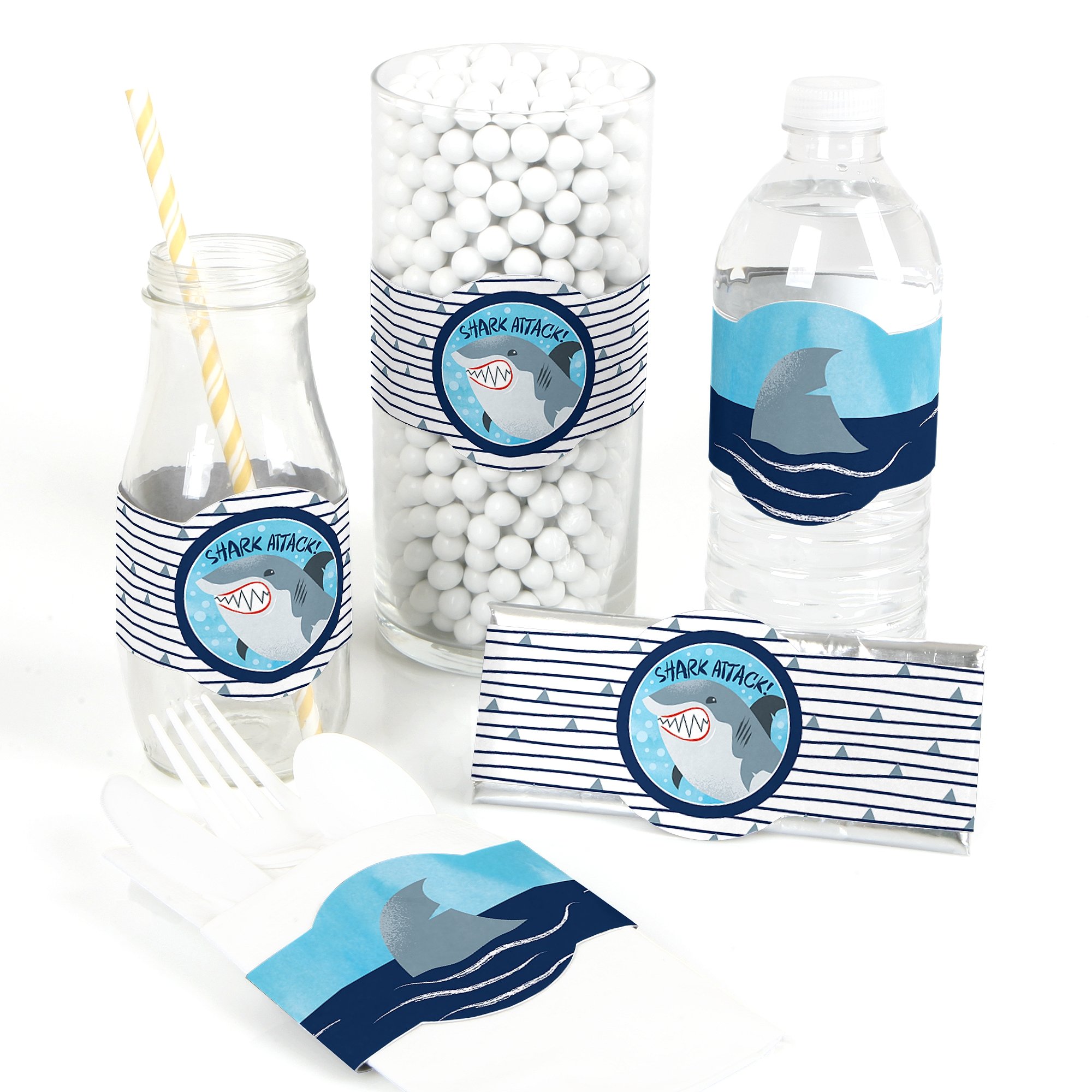 Big Dot of Happiness Shark Zone - DIY Shark Party Supplies for Birthday Decorations - 15-Piece Set for Shark-Themed Party Favors, Wrappers & Decor - Perfect for Kids' Birthday Parties & Ocean-Themed Events