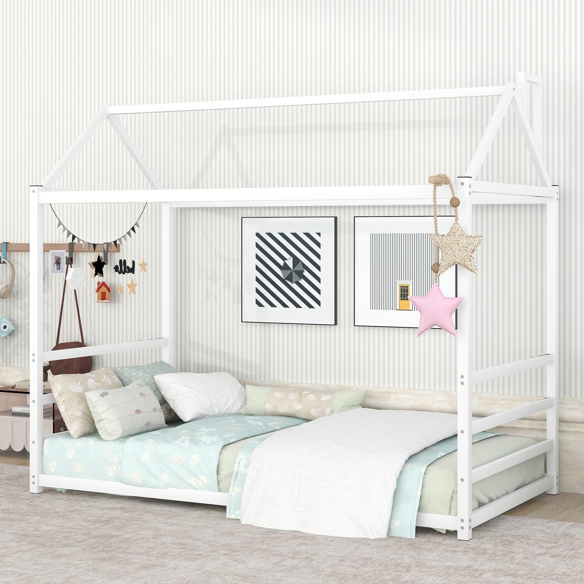 Bellemave Twin Size Montessori Floor Bed for Kids - House Shaped Metal Frame with Roof - White Platform Bed for Boys & Girls - Perfect for Montessori Bedrooms, Playrooms & Toddler Sleep Training