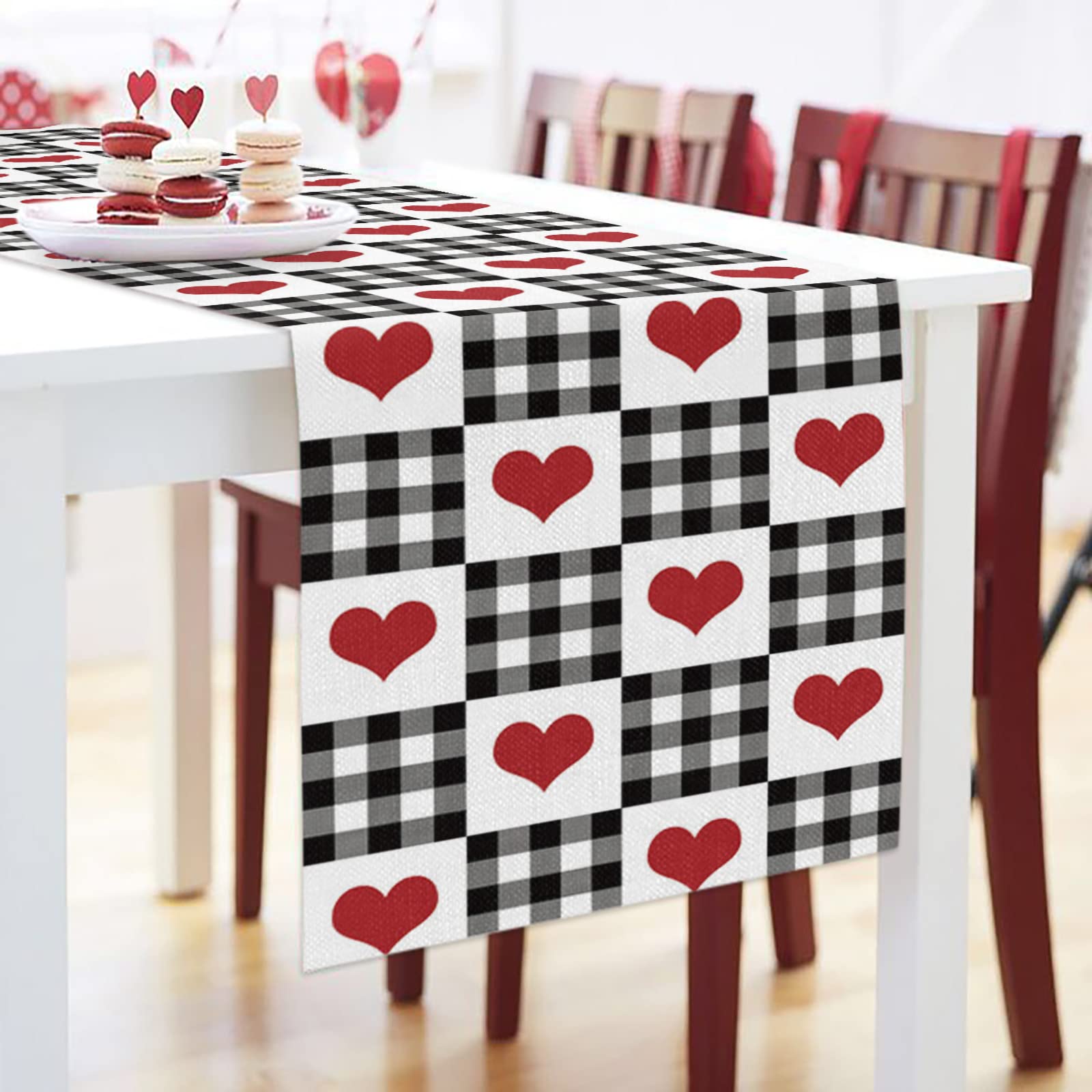 Buffalo Check Table Runner 120 Inches Long - Valentine's Day Love Heart Plaid Black White Cotton-Polyester Blend - Perfect for Family Dinners, Outdoor/Indoor Parties & Table Decorations