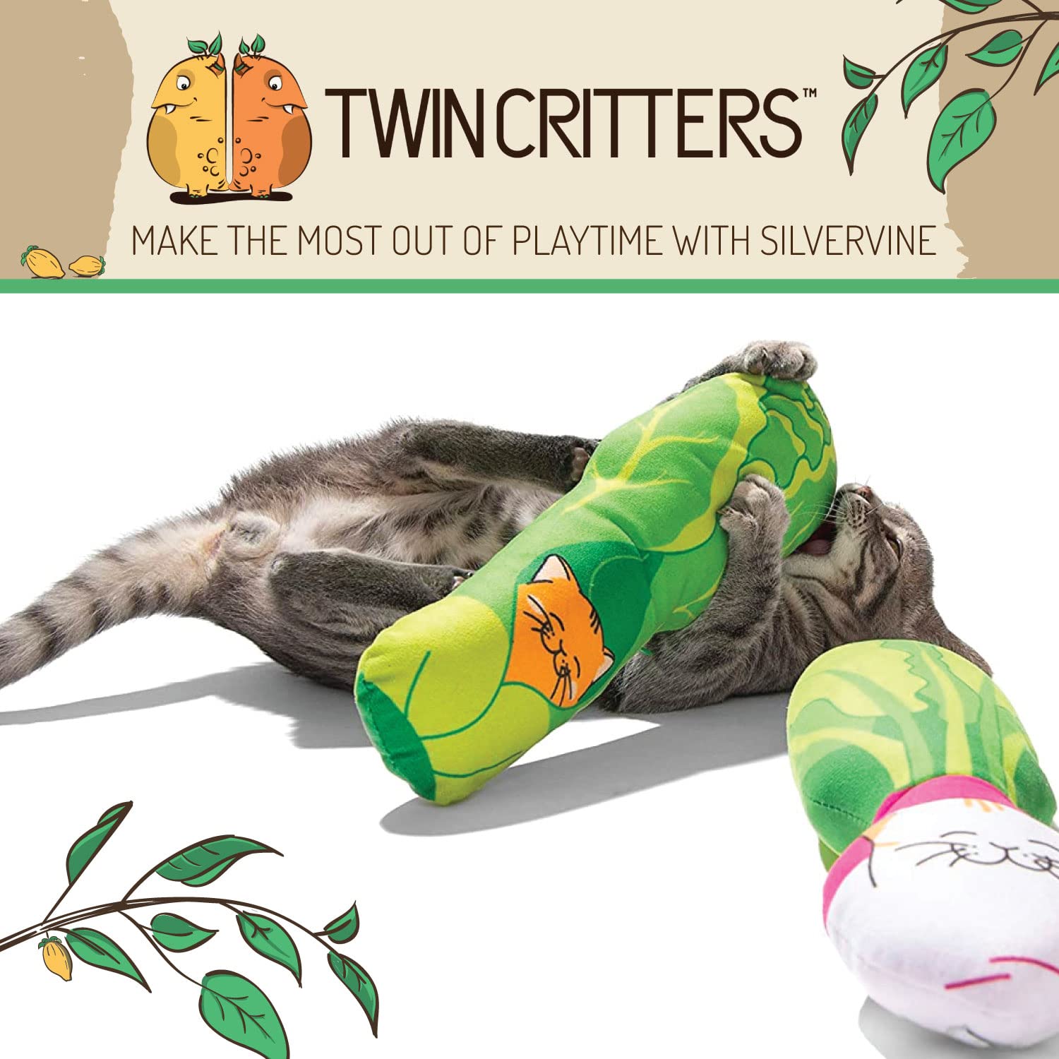 KittiVeggi 2-Pack Organic Silvervine Catnip Substitute Toys for Cats & Kittens | 100% Natural Wild Harvested Silvervine | Refillable Vegetable Plush Cat Toys | Great for Playtime, Training & Stress Relief