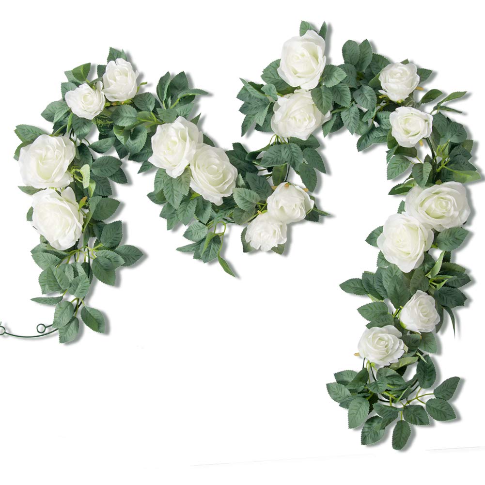 2 Pack 12ft Artificial Rose Vine Garland - Silk White Fake Flowers for Wedding Arch, Backdrop, Table Decor | Perfect for Party Wall, Room Decoration & Indoor/Outdoor Events