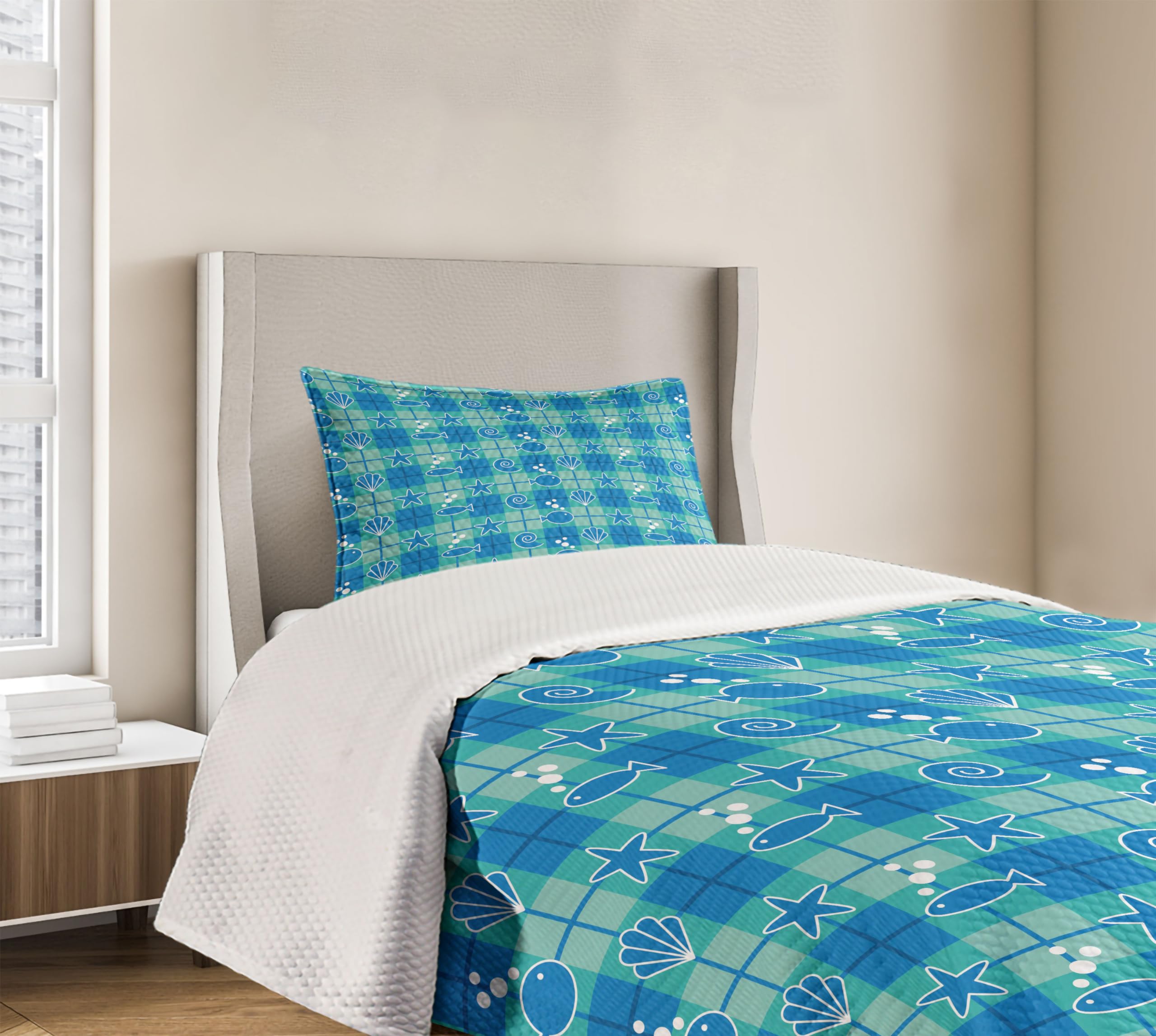 Ambesonne Sea Shells 3-Piece Twin Bedspread Set - Plaid Pattern with Cartoon Marine Silhouettes, Fish, Starfish & Bubbles - Mint Green Blue White Decorative Bedding Coverlet & 2 Pillow Shams | Perfect for Beach Themed Bedrooms, Coastal Decor & Summer Home Styling