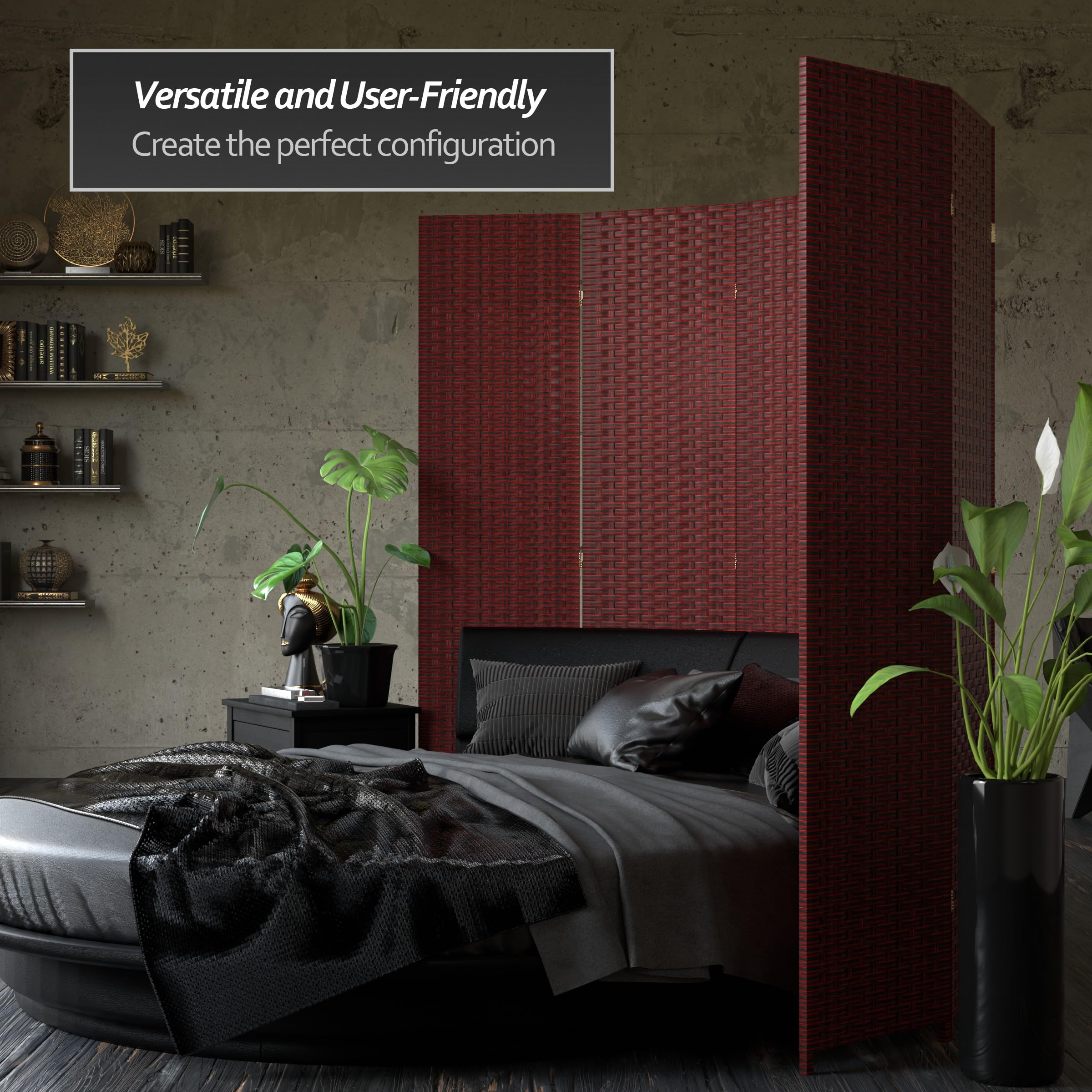 7 ft Tall Red and Black Woven Fiber Room Divider - 8 Panel Folding Screen for Home Decor, Office Partition, Wedding Backdrop & Asian-Themed Events
