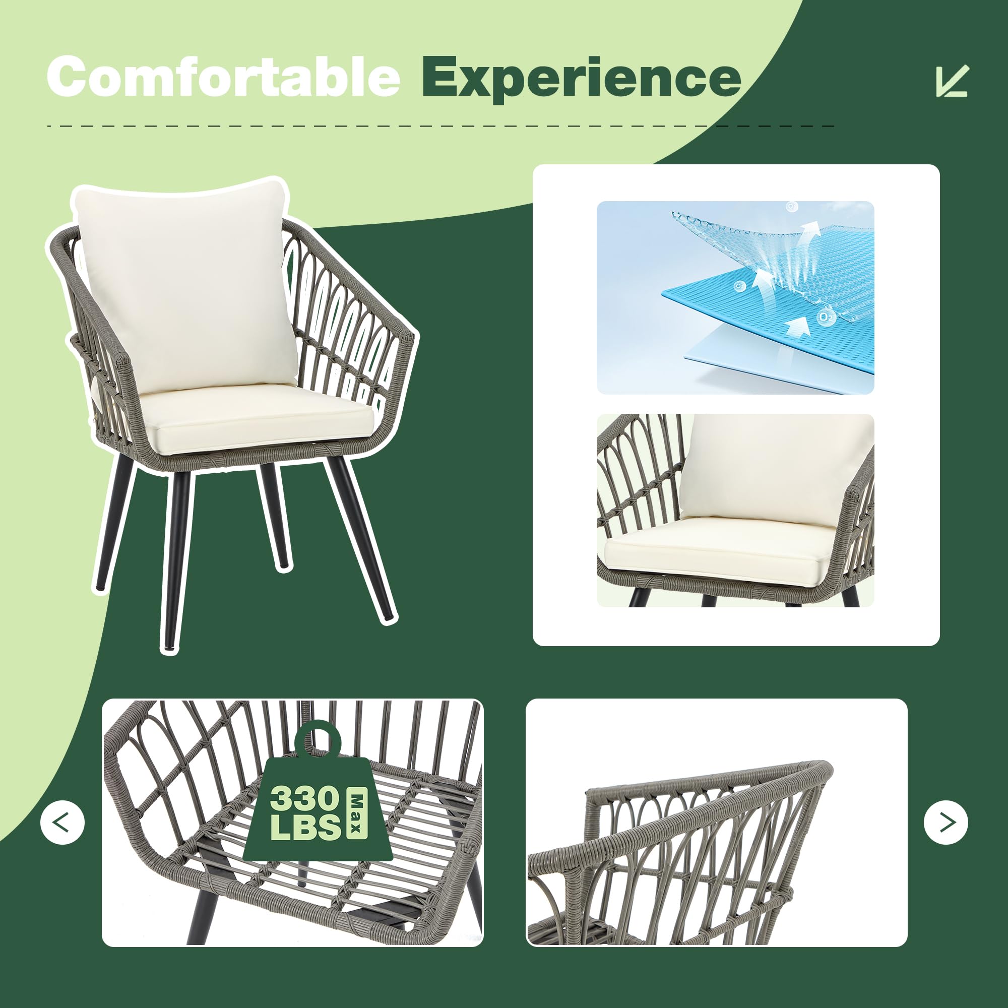 EcoTouge 3-Piece Wicker Bistro Set - Patio Rattan Dining Table with Glass Top & Cushioned Chairs - Outdoor Conversation Furniture for Porch, Backyard, Garden (Grey) - Perfect for Al Fresco Dining and Relaxing in Your Outdoor Space