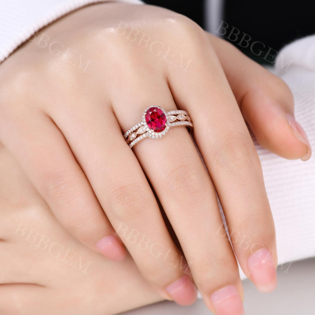 Rose Gold Diamond Halo Lab Ruby Engagement Ring Set With Euro Open Shank Double Band - Elegant Wedding Jewelry for Brides, Anniversary Gifts & Romantic Proposals