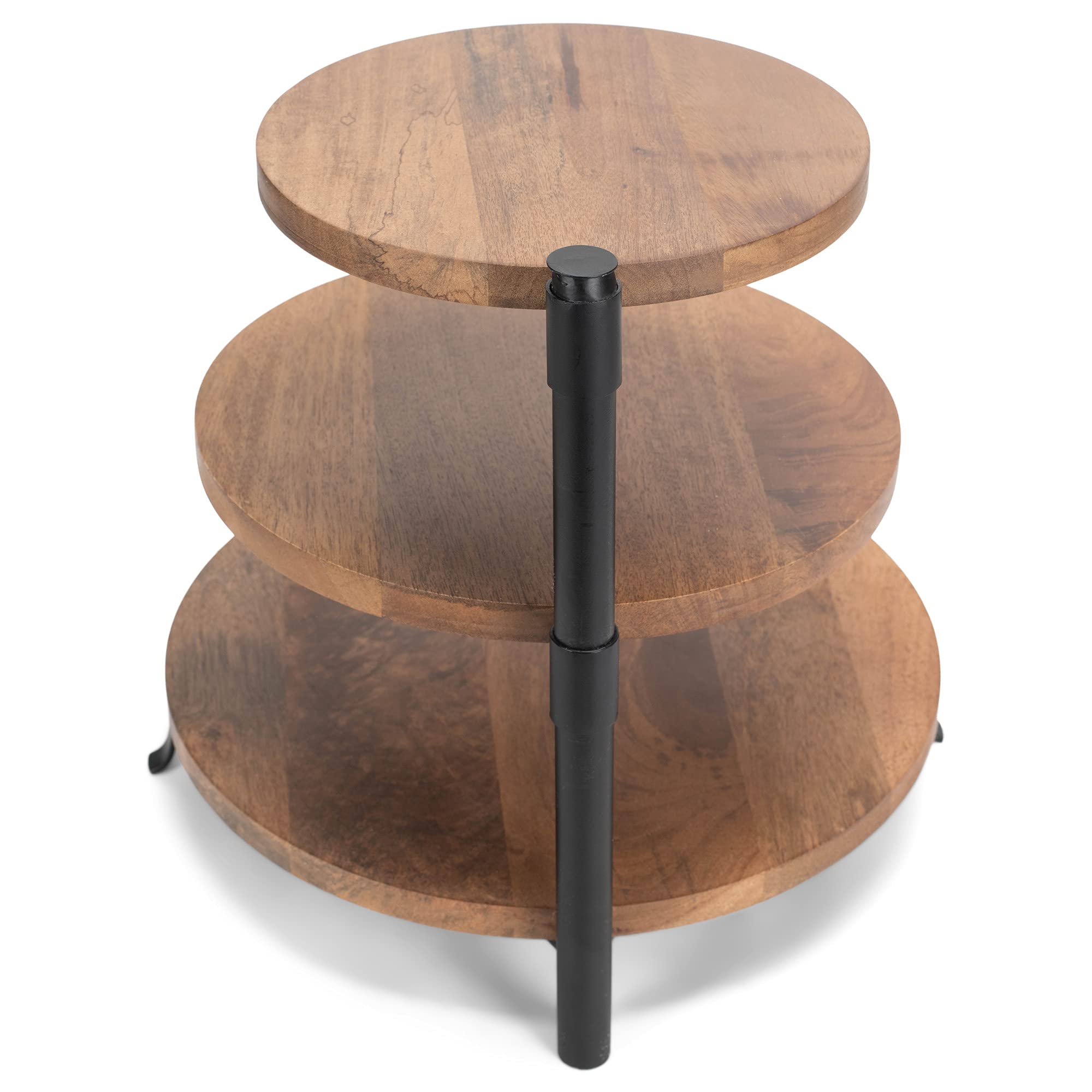 Demdaco 3-Tier Mango Wood & Iron Serving Stand - 12.5 x 13 Inches Rustic Brown Decorative Display Tray for Kitchen, Dining Table, or Party Dessert Presentation